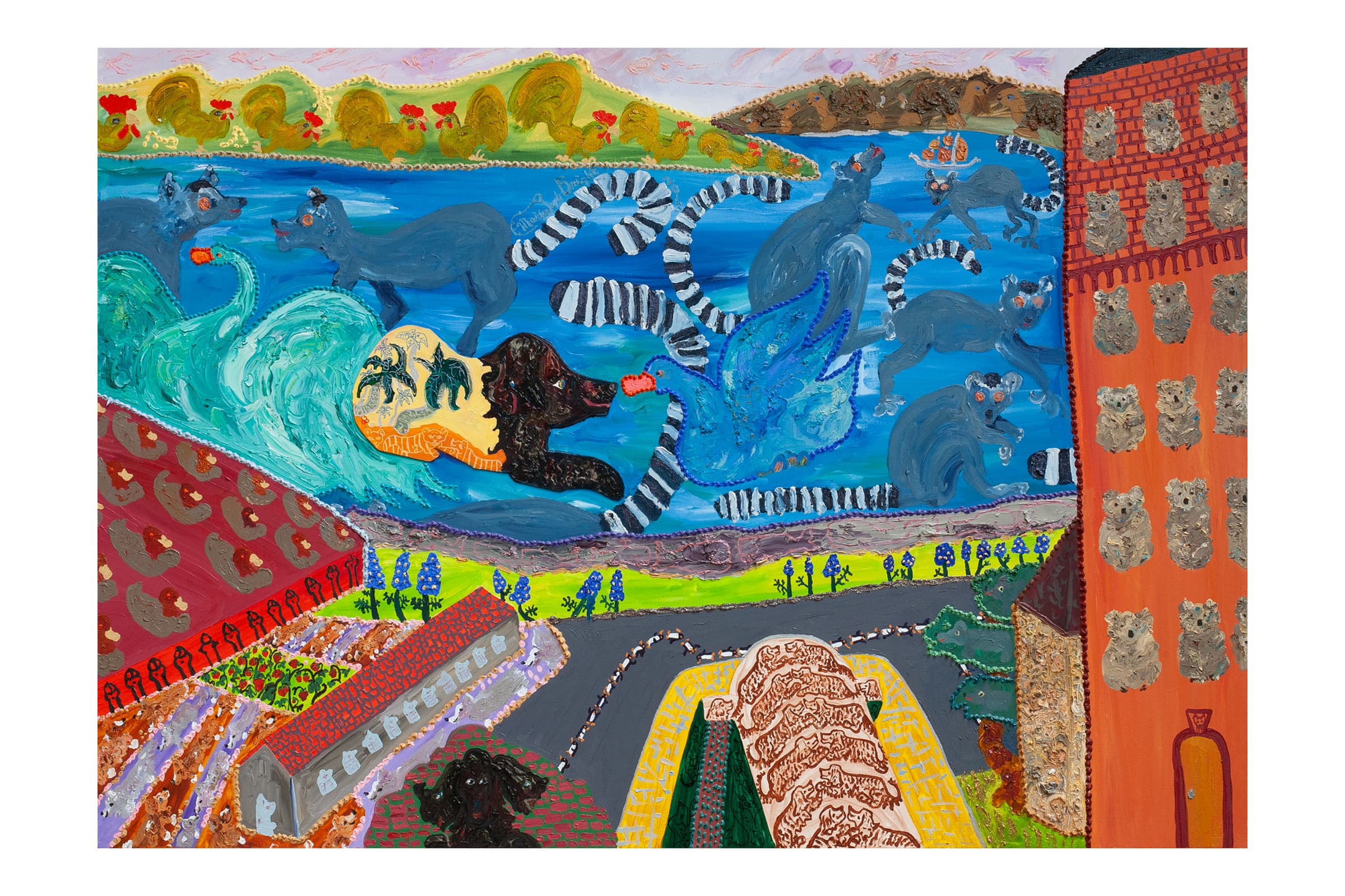 Painting depicting a blue river filled with lemurs and seals, surrounded by a brick building with small animals and bright green hills in the background.