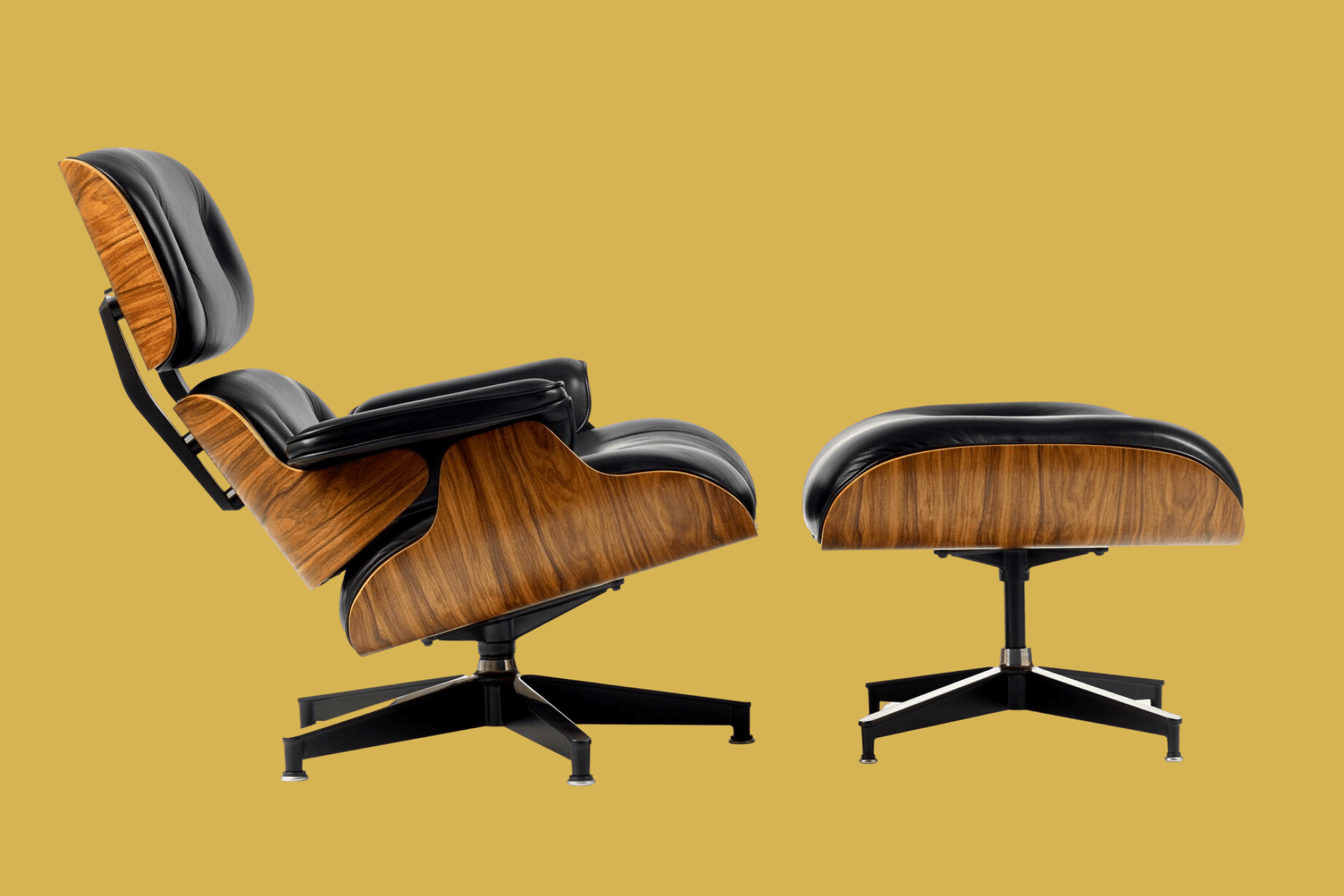 Eames Lounge Chair and Ottoman in black leather and sustainably sourced Santos palisander wood, shown from the side, against a mustard-yellow background.