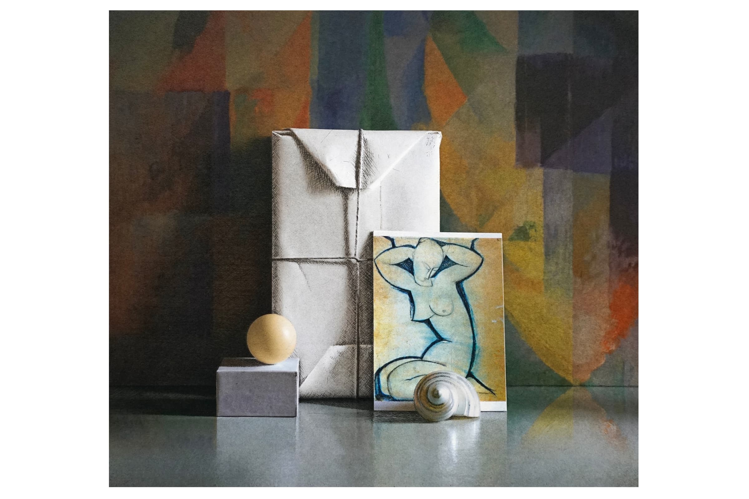 A still-life composition set against a multi-colored abstract painted background. In the center stands a tall, rectangular package wrapped in textured white paper and tied with a thin string. Leaning against the lower right of the package is a small postcard featuring a line drawing of a nude female figure with arms raised behind her head, rendered in blue and black outlines on a yellowed background. A coiled, light-colored seashell rests on the surface directly in front of the postcard. To the left of the package, a small, pale yellow sphere sits on top of a gray, cube-shaped block. The entire arrangement rests on a smooth, reflective surface that shows soft reflections of the objects.