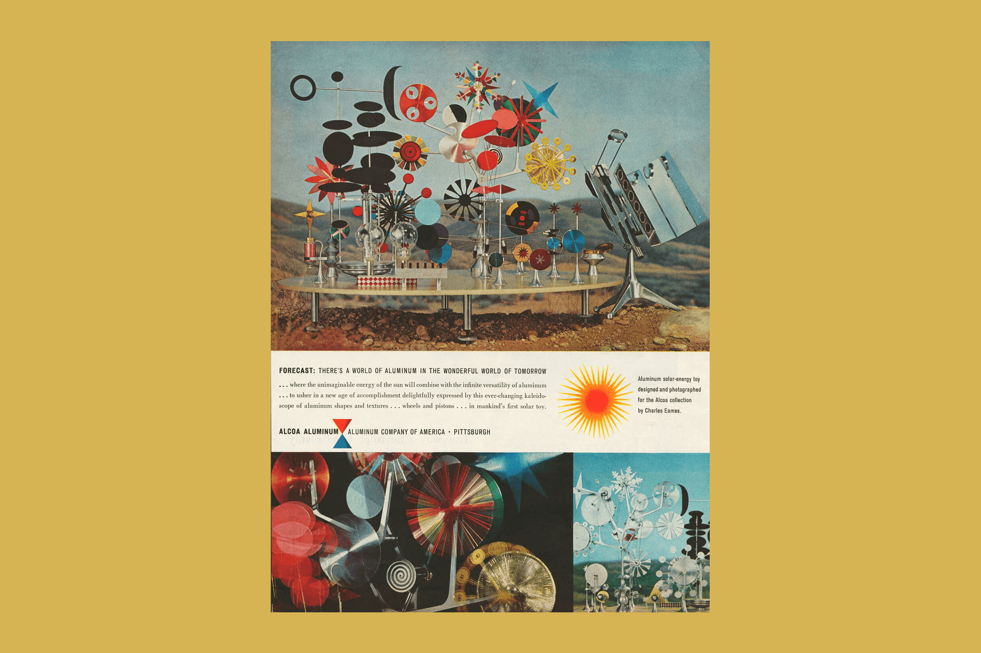 Vintage Alcoa advertisement featuring the Eameses’ aluminum solar-powered “Do-Nothing Machine,” a kinetic sculpture with colorful geometric shapes and rotating forms, set against a desert landscape; text below promotes aluminum’s versatility and identifies Ray and Charles Eames.