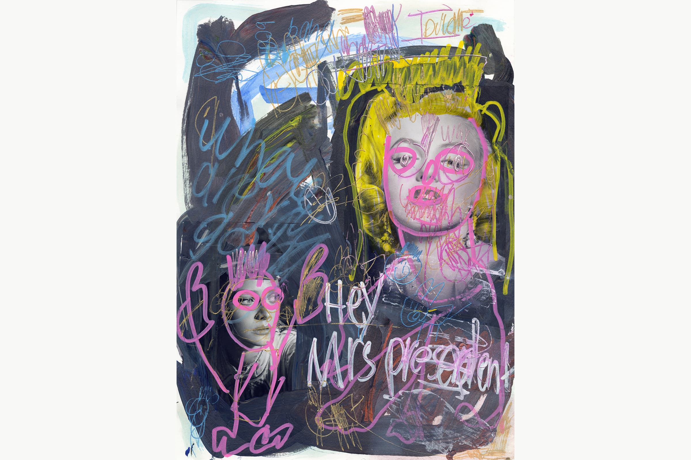 A collage of two women with bright pink and yellow marker drawings layered on top of their photos. One woman has her face outlined in pink and her hair outlined in yellow, with a wavy crown. The second woman has just her eyes outlined, added to a body with two thumbs up. "Hey Mr. President" is written between them.