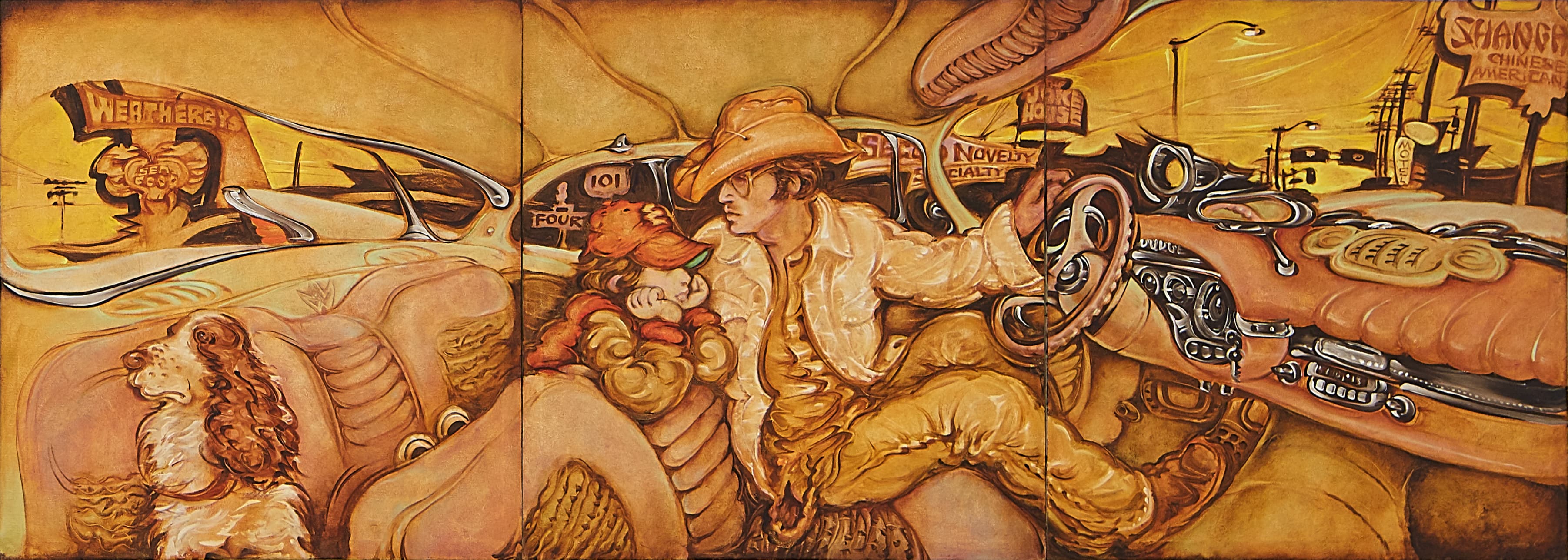 A wide, three-panel panoramic painting rendered entirely in monochromatic sepia, tan, and golden hues, titled "Sweet 'Enuf'." The scene is a surreal interior perspective from the back seat of a highly detailed, retro 1970s automobile. In the center panel, a man wearing a cowboy hat and glasses steers the car with his left hand while looking back over his seat past a young boy sitting close to him on the backseat. On the left side of the vehicle, and the far left panel, a long-haired Spaniel dog sits calmly in the corner left of the back seat. Outside the windows, surreal roadside signs zoom past, including billboards for "Weatherby's," "Joke House Novelty," and a "Shanghai" Chinese-American restaurant under a bright yellow sky.