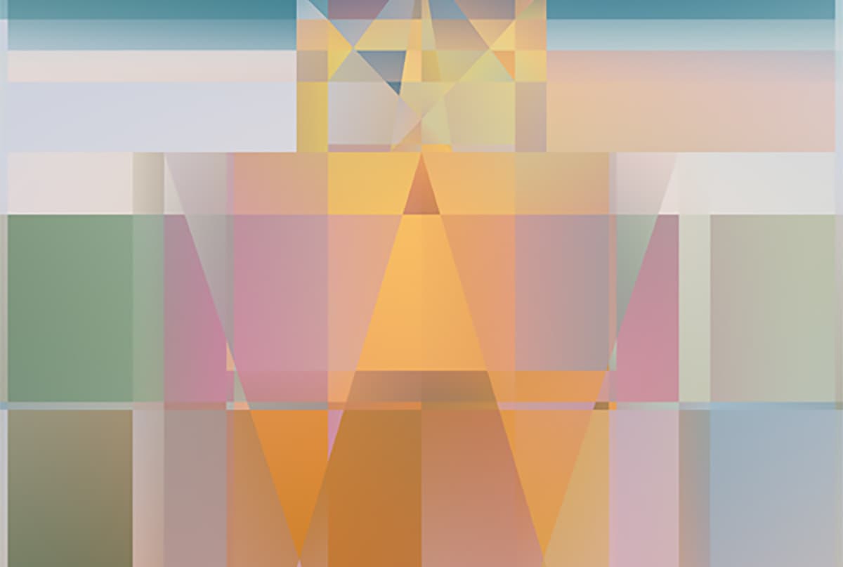 Digital grid composition in muted pastels. A large amber triangle at center, topped by a smaller blue triangle, forms a seated figure with a peaked crown against horizontal bands of green, pink and gray. The interlocking shapes suggest a seated meditating figure.