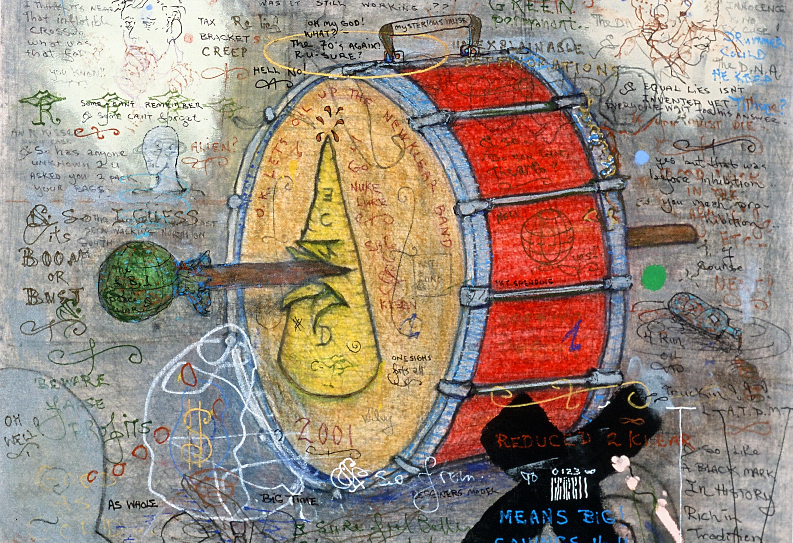 A large bass drum with a red shell and a yellowed drumhead, heavily layered with chaotic doodles and handwritten text. The front drumhead is pierced by a green, globe-shaped mallet and features phrases like "O.K. LETS OIL UP THE NUCLEAR BAND." The surrounding grey background is densely covered in handwritten graffiti-style notes, mathematical symbols, sketches, and overlapping commentary.