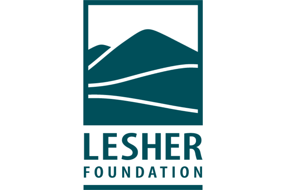 A square logo featuring a stylized mountain landscape inside a rectangular frame. The graphic shows two overlapping hills with three curved horizontal lines suggesting terrain. Below the image, the words “Lesher Foundation” appear in bold, uppercase lettering.