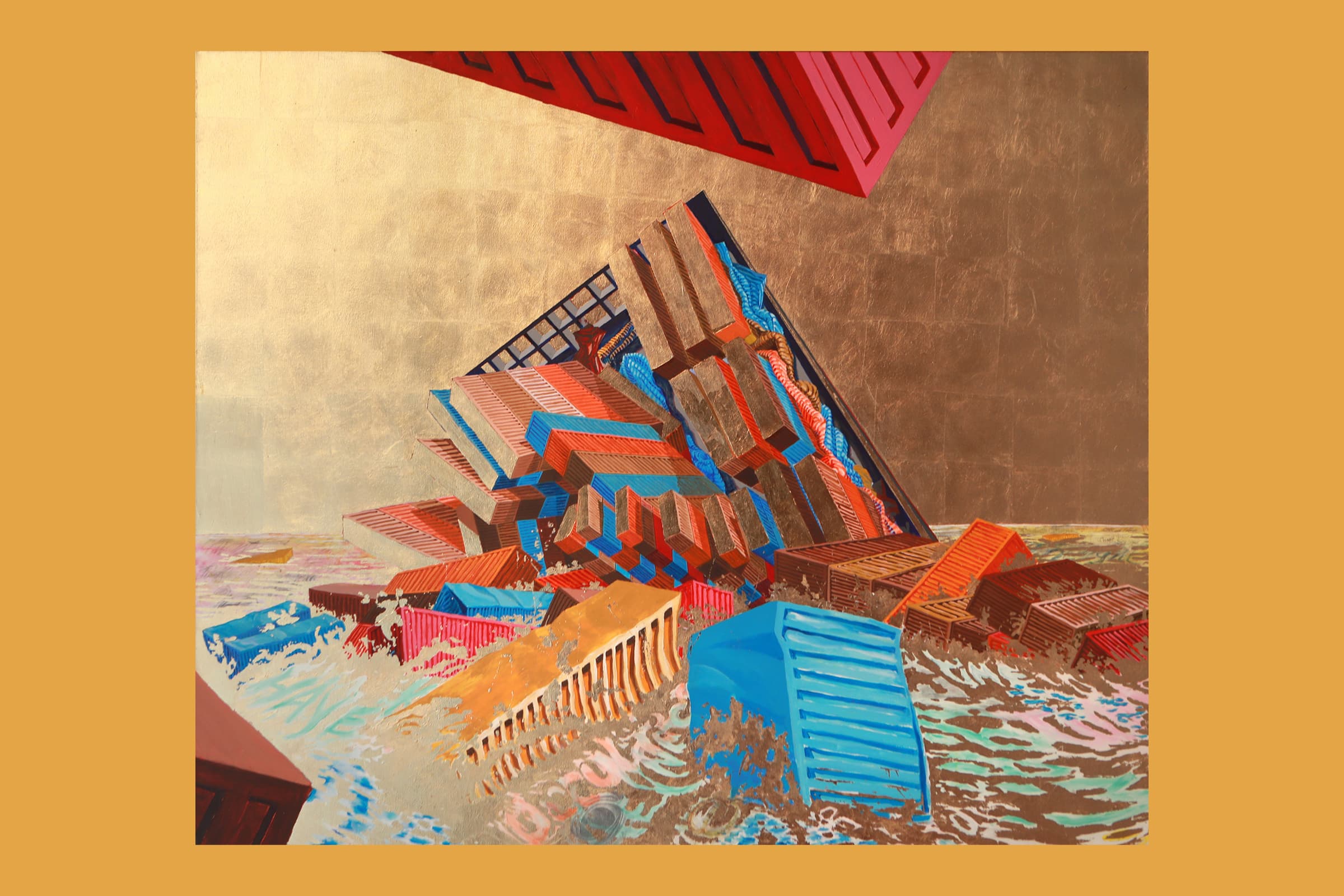A painting showcases a dramatic marine wreck set against a smooth, solid gold-leaf sky. A massive cluster of rectangular, blocky structures and shipping containers crashes sideways into a choppy, churning copper-toned sea with hints of greenish-blue. The containers are a mix of bright red, blue, and brown tones, with some spilling open or splintering apart under the impact. In the lower right foreground, a bright blue shipping container floats at a sharp angle among the foaming waves, while a large, dark red container hangs suspended over the top of the frame.