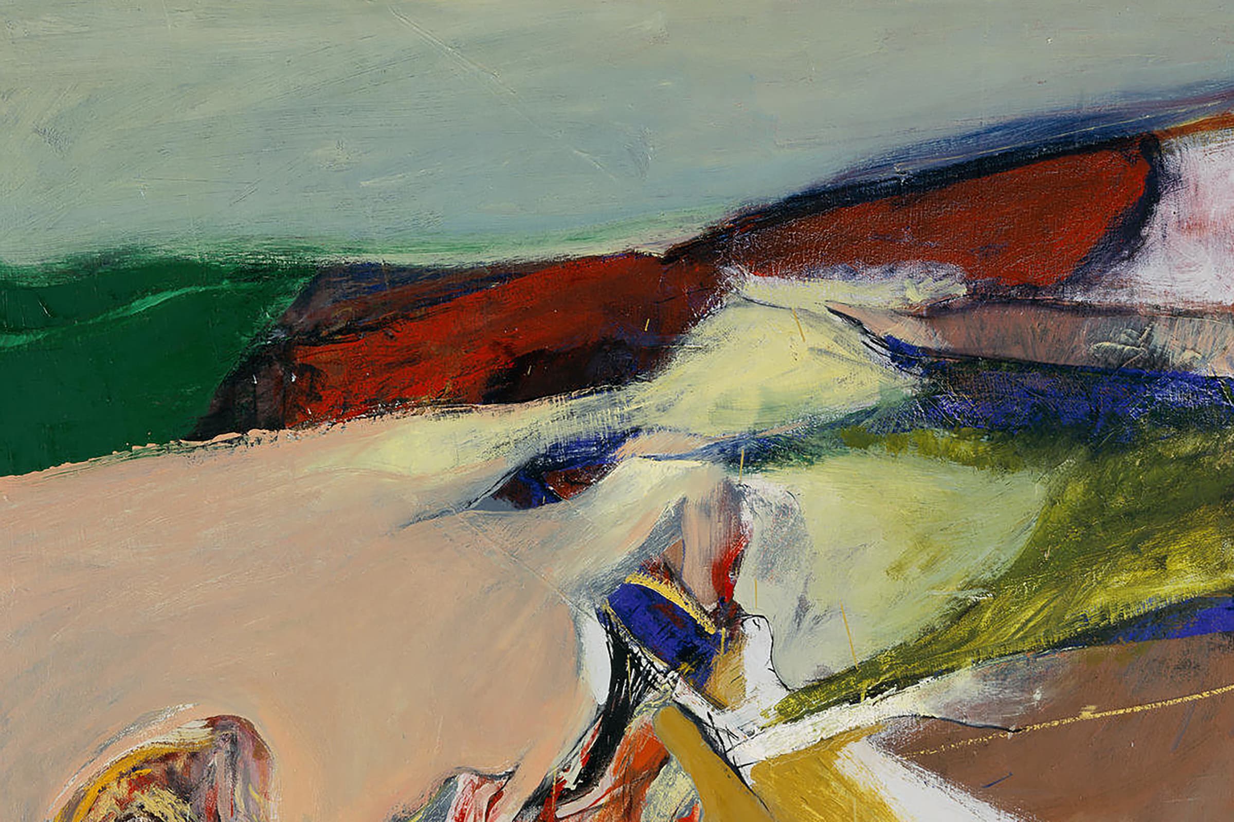 An abstract landscape painting in loose, energetic brushstrokes. A muted gray-green sky sits above a long rust-red ridge and a band of deep green hills, with sweeping areas of pale peach, cream, olive, and cobalt blue below, gathering into a tangle of vivid marks near the bottom center.