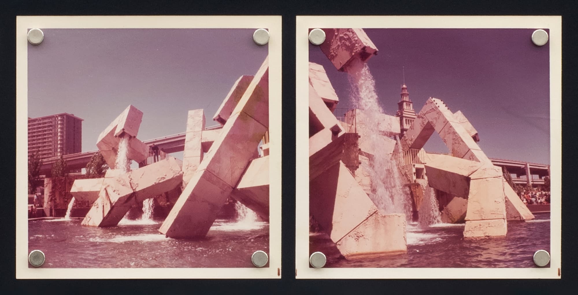 Two sepia point of views (side by side) of the Vaillancourt Fountain, a Brutalist sculpture made as a tangle of 700-ton blocky, angled concrete tubes, which at the time of the photo water still flowed through it.