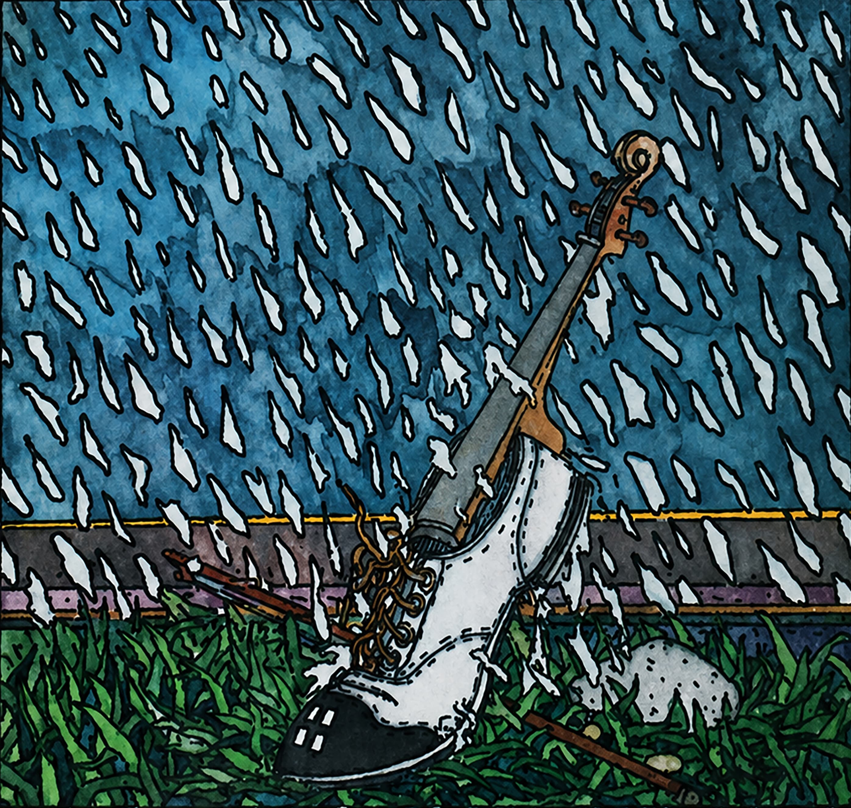 A violin neck seamlessly emerges from a white and black wingtip shoe, which steps on a dark green grass. Behind it, a violin bow rests in the grass. All of this amidst a heavy, textured downpour of white raindrops against a blue background and a sidewalk.