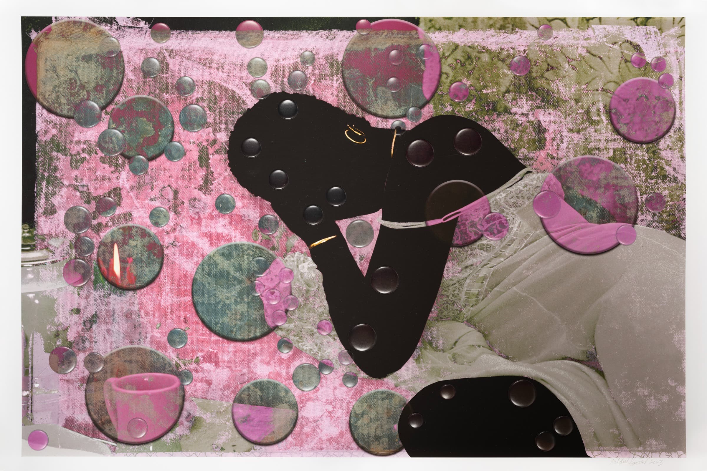 A stylized artwork showing a silhouetted figure leaning forward against a textured pink and green background. The figure is surrounded by many circular, bubble-like shapes containing various patterns and colors. Some small objects, including a cup and a flame, appear within the layered composition.