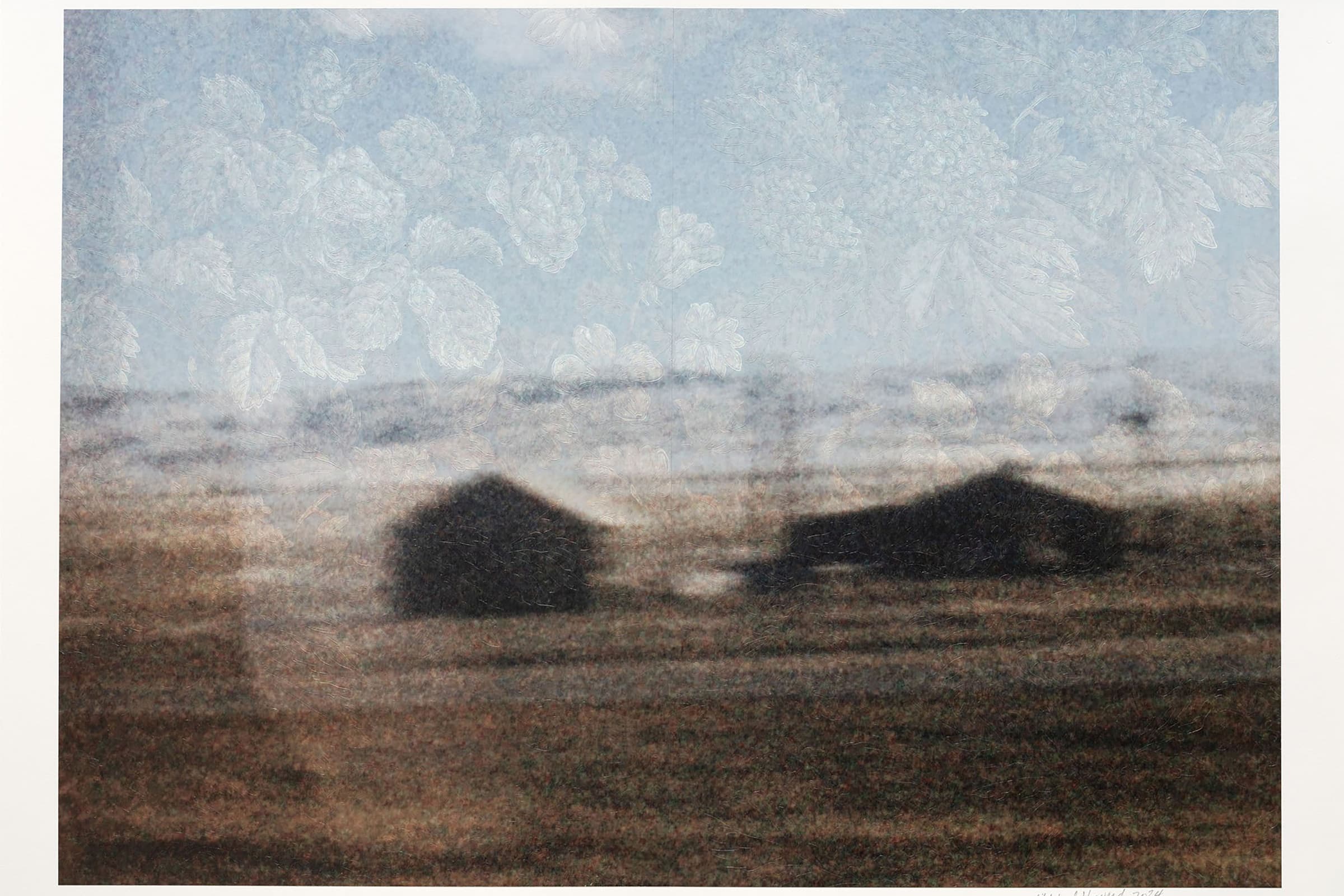 Acrylic ink print of a house or farm, the effect appears as if the viewer is in movement.