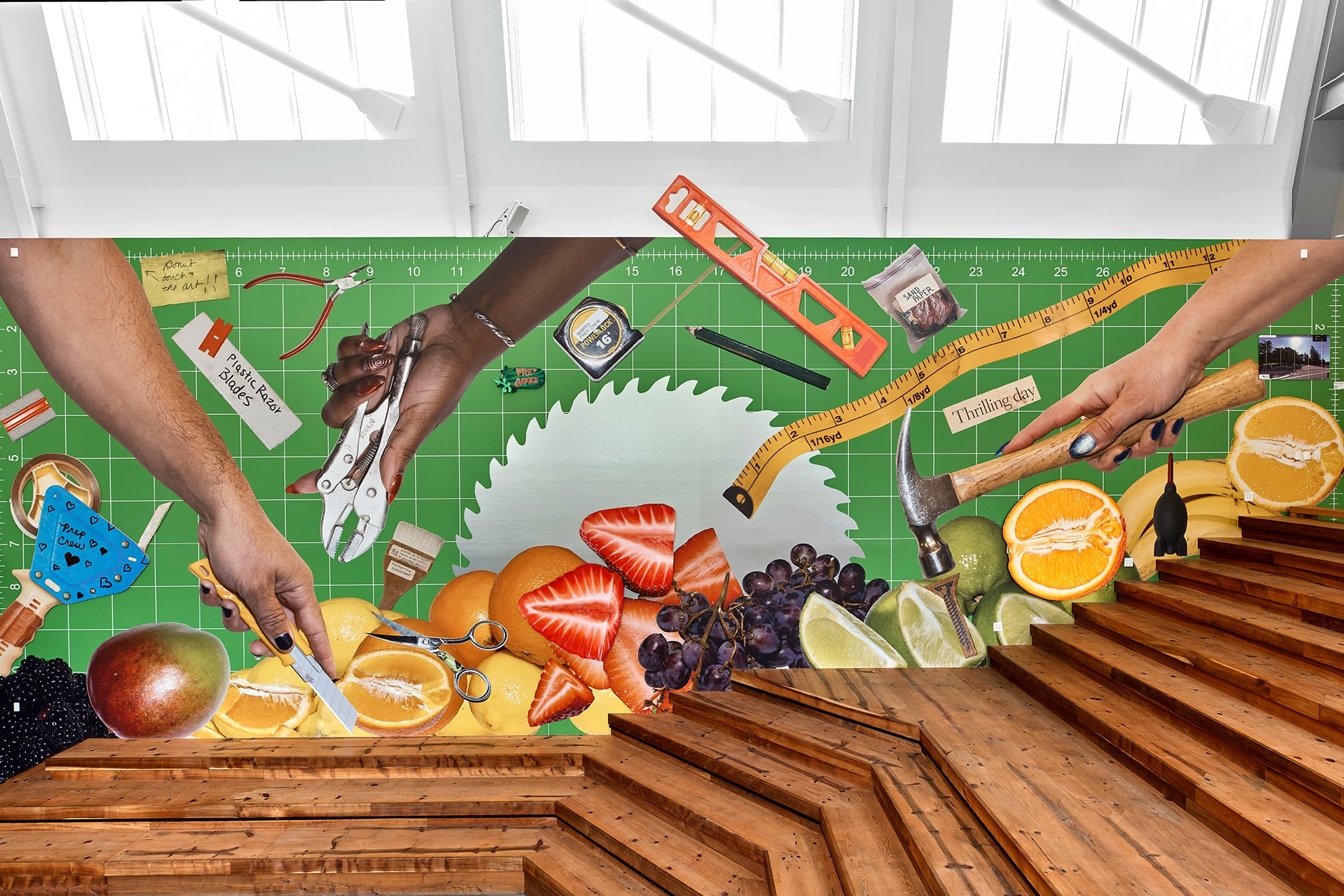 A large collage-style mural spans a green, ruler-marked background above tiered wooden seating with blue cushions. It depicts oversized tools: pliers, a circular saw blade, a measuring tape, a level, scissors, a hammer, and a utility knife interspersed with strawberries, oranges, lemons, grapes, blackberries, and a mango. Two human arms reach into the frame from the left, one hand holding a yellow utility knife near the fruit, mirroring a collaged hand gripping pliers above it. The mural wraps around a corner of the room beneath skylights.