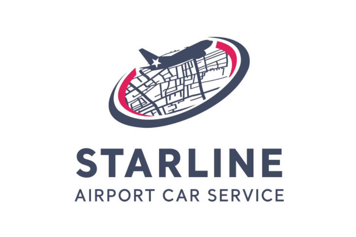 The Starline Airport Car Service logo features a stylized airplane flying above a circular design containing simplified map lines. The circle is outlined with curved red and dark blue accents. Below the graphic, the words “Starline Airport Car Service” appear in bold, uppercase lettering.
