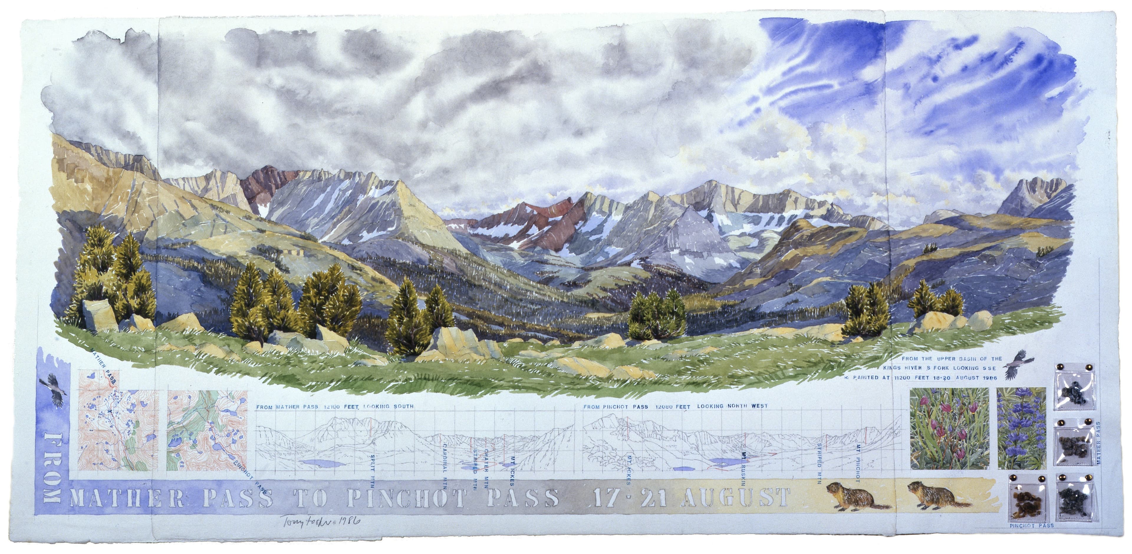 Decorative color watercolor of Sierra Nevada mountains with hand-drawn topo maps, elevation drawing of mountains listing summit heights, stenciled lettering of the title, studies of alpine shooting star and lupine wildflowers and Clark's nutcracker bird, plastic bagged rocks attached with brass brads.