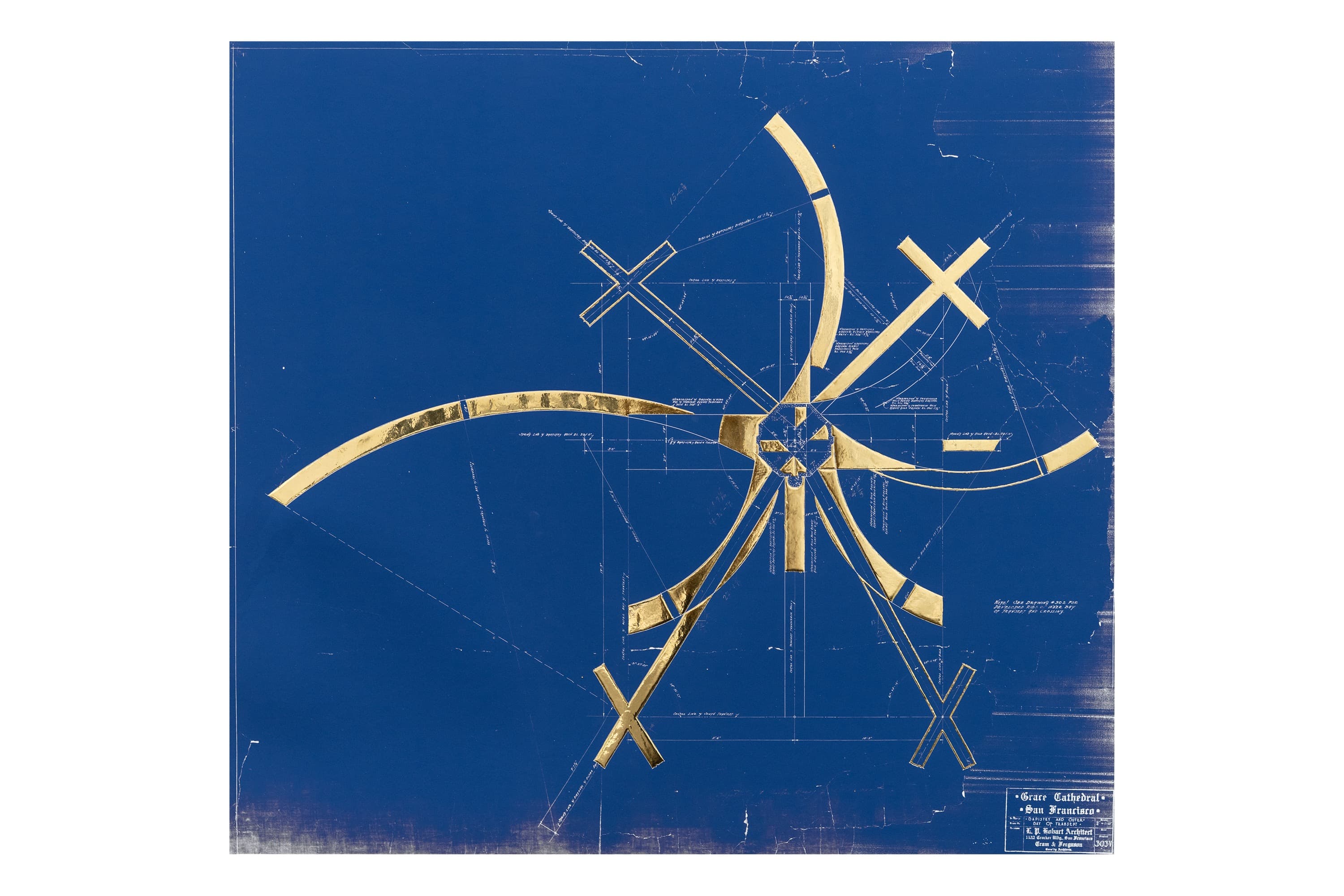 Spatial Rhythm II: Deep cyanotype blueprint of Cathedral transept with lush gold arcs and cross forms radiating from a central octagon.