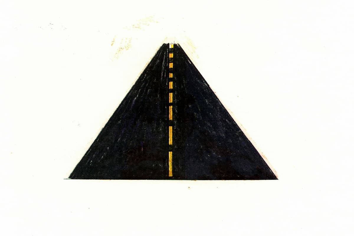 Artwork depicting a dark black road with yellow lines receding into a horizon.