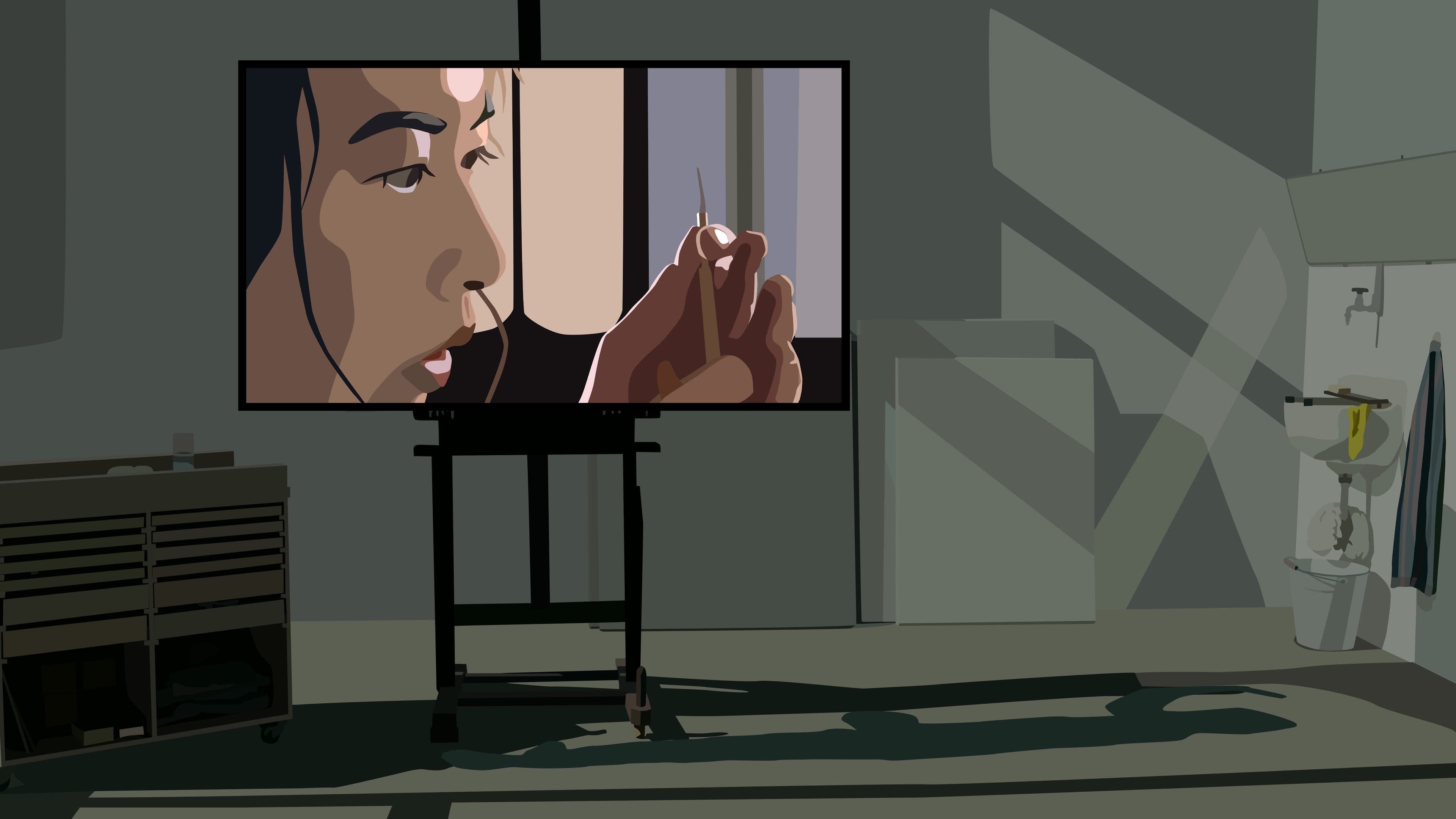 Artwork shows a large screen with a close-up shot of a woman holding a writing implement in a green-toned studio space.