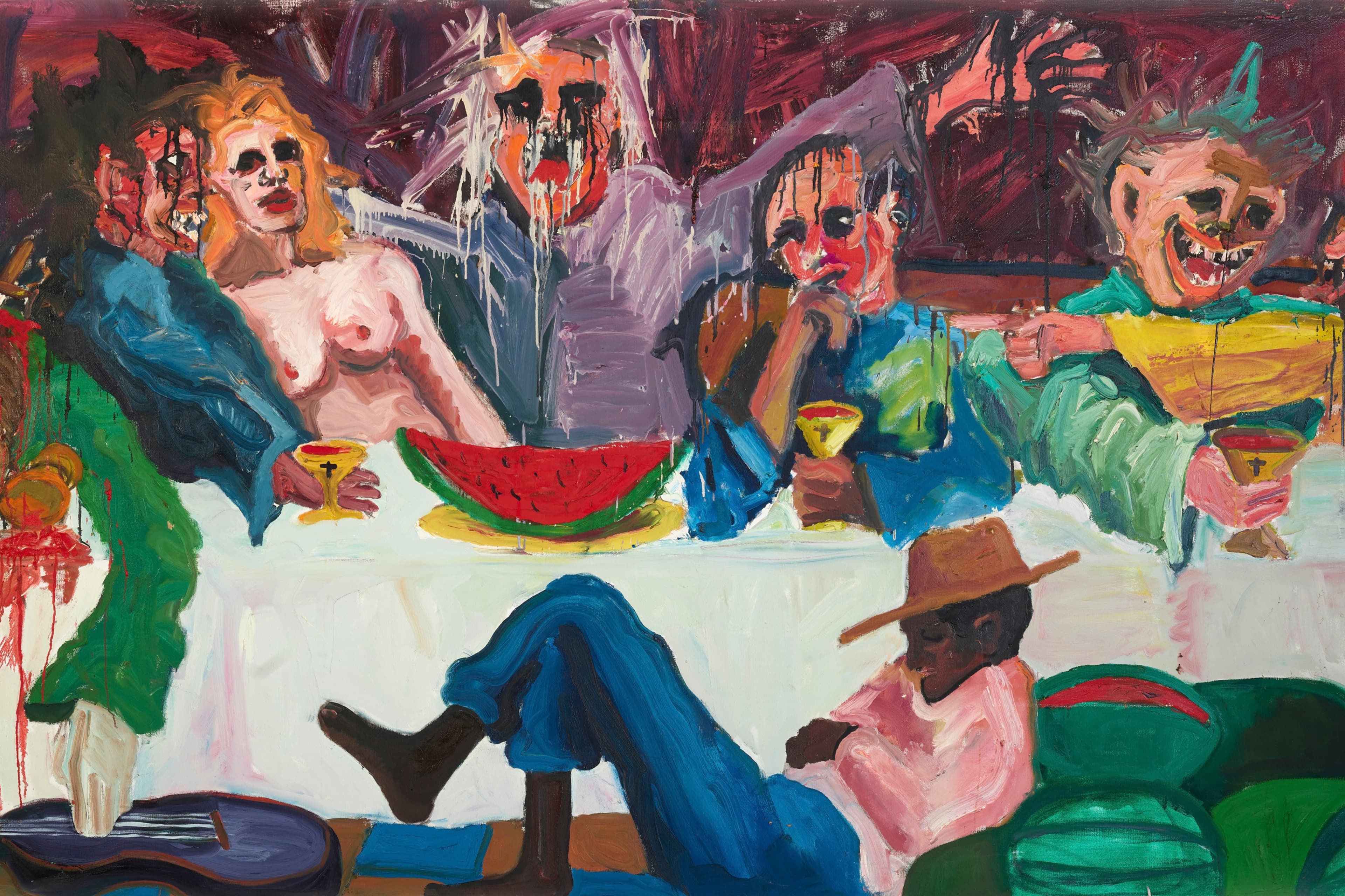 The Last Supper is a colorful painting that depicts 8 white figures with grotesque dripping faces and sitting at a white table eating watermelon and drinking wine out of golden cups adorned with crosses. The central figure’s arms are spread wide as a figure in green to the left is being stabbed in the head, and bleeding, his wine spilling as he lays face down. Below the table, centered in the painting, a black man wearing a farm hat, jeans, and no shoes peacefully naps against a pile of watermelons. A blue guitar is to the left of his feet, being strummed by the hand of the stabbed figure.