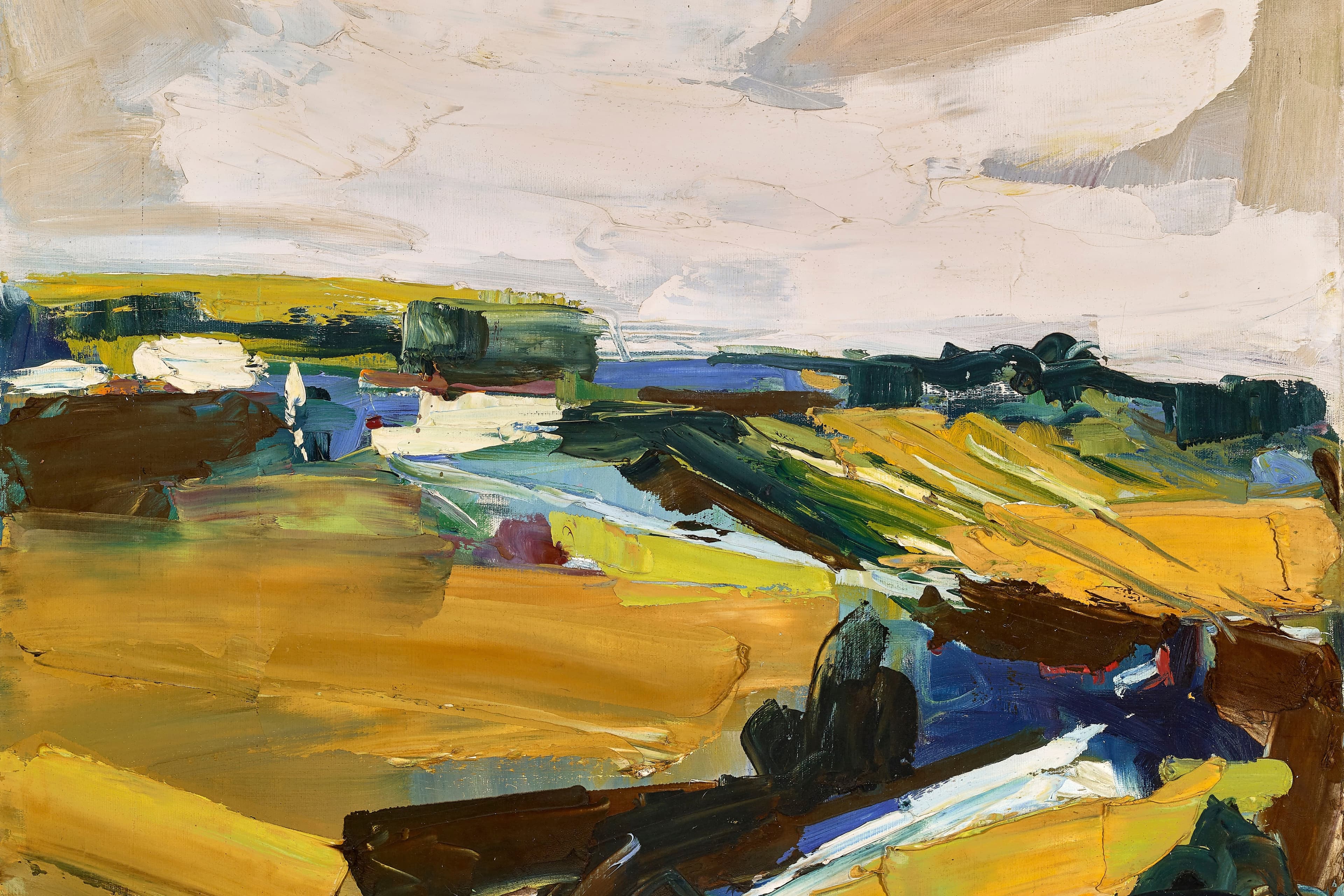 On the Way Home, Berkeley depicts an abstracted landscape of dark yellows, vibrant greens, and tiny patches of blue and reds with a tan, grey, and white sky. Gestural brushstrokes create a layered texture. A signature reading “H. Berk” sits in the bottom right corner.