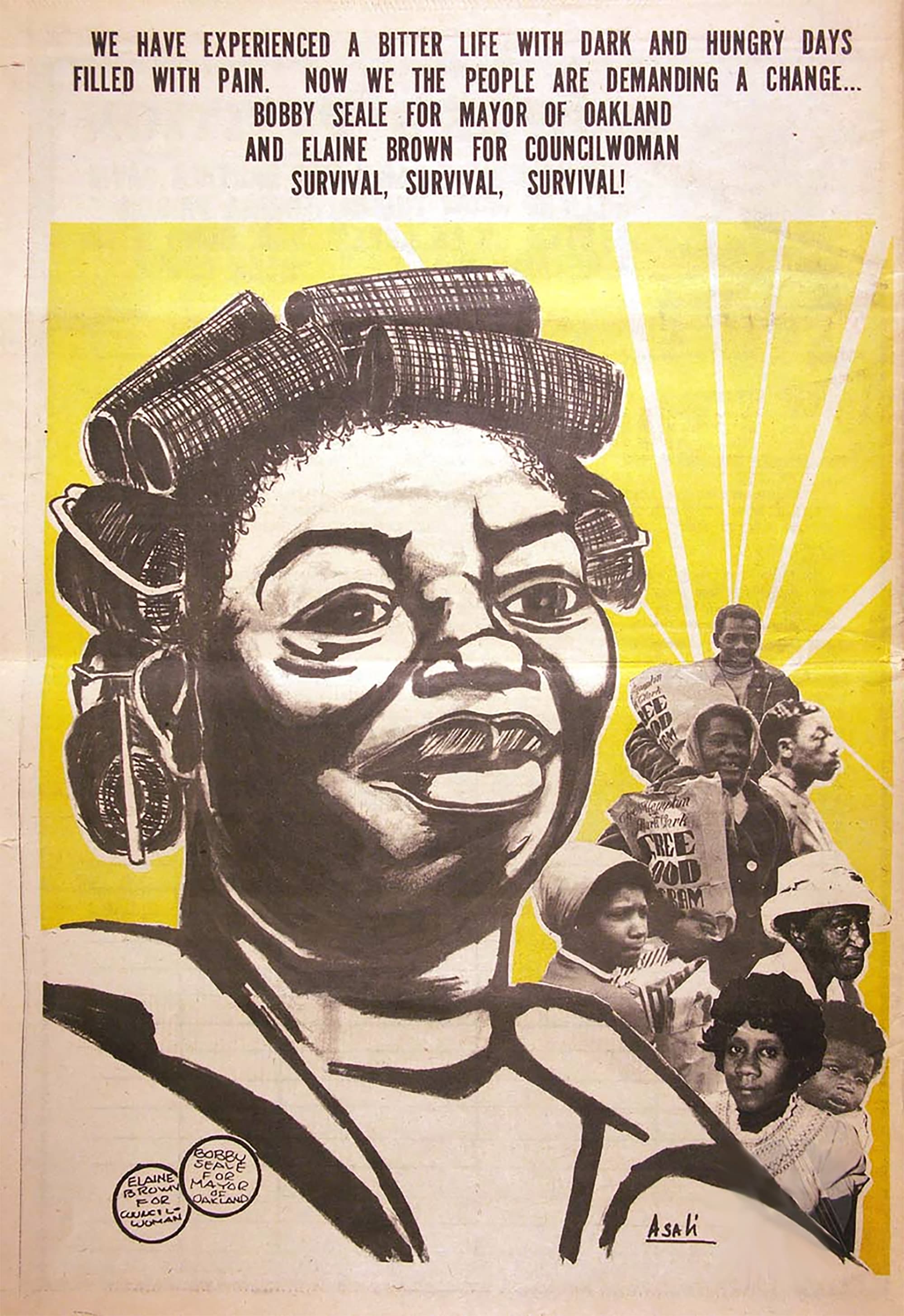 Graphic signed by Asali against a yellow background, featuring a close-up line illustration of a Black elder woman with hair rollers alongside a photo collage of community members holding "Free Food Program" bags. Text at top reads: "We have experienced a bitter life with dark and hungry days filled with pain. Now we the people are demanding a change... Bobby Seale for Mayor of Oakland and Elaine Brown for Councilwoman. SURVIVAL, SURVIVAL, SURVIVAL!"