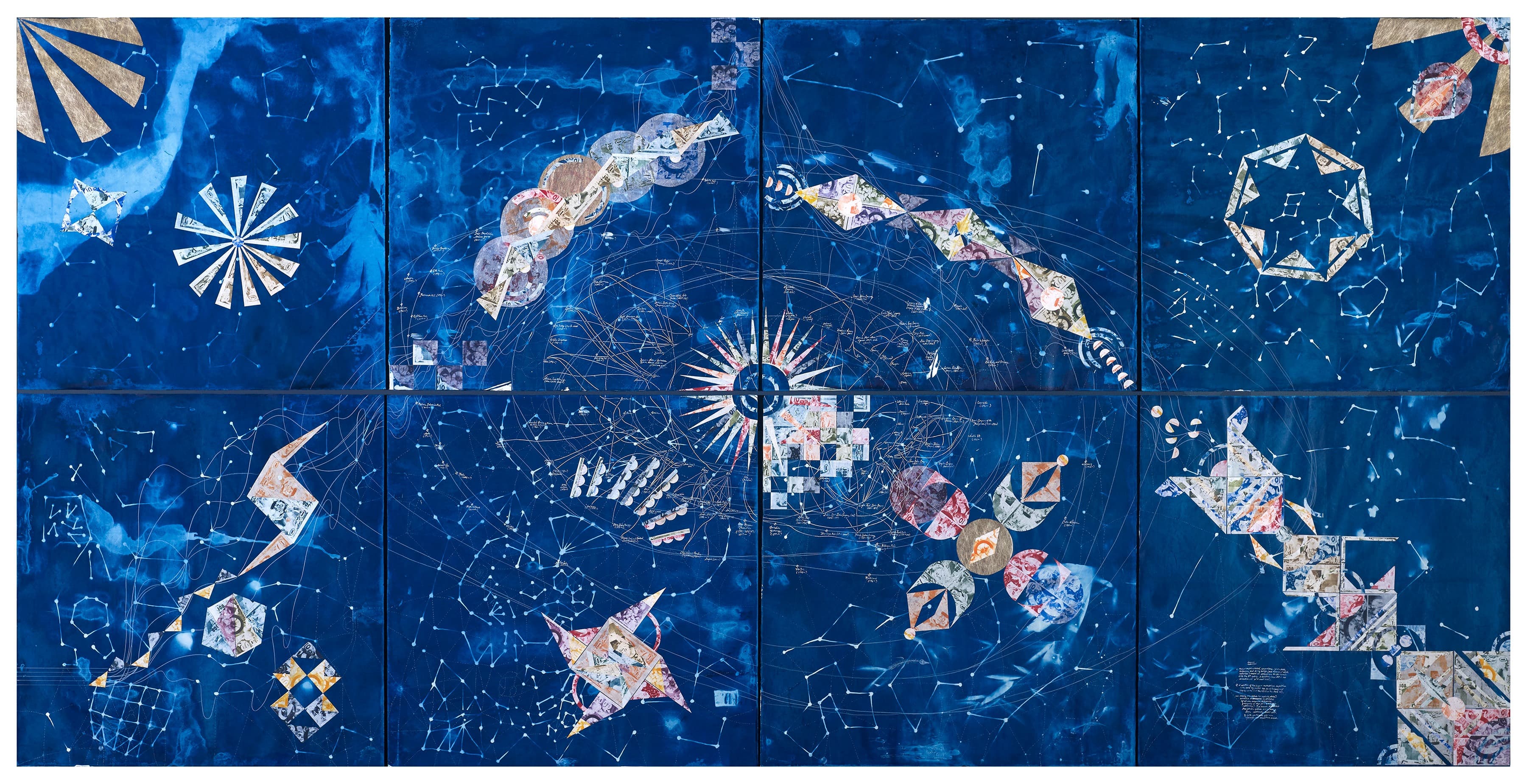 Large mixed-media drawing and collage on paper featuring a deep blue cyanotype background detailed with white lines and geometric shapes that resemble a cosmic star map.