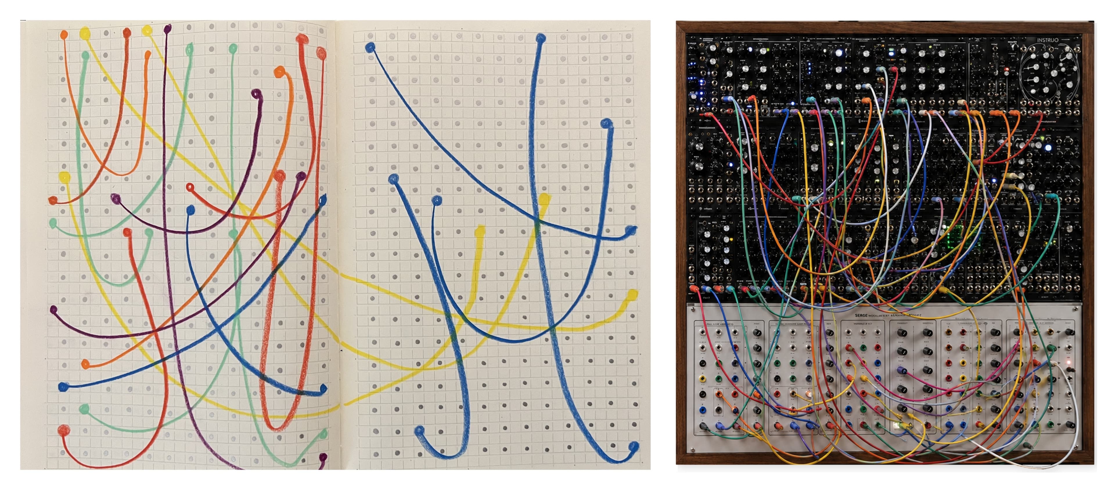 A notebook page covered in looping, hand-drawn coloured lines beside a walnut modular synthesizer whose patch cables trace the same curves.