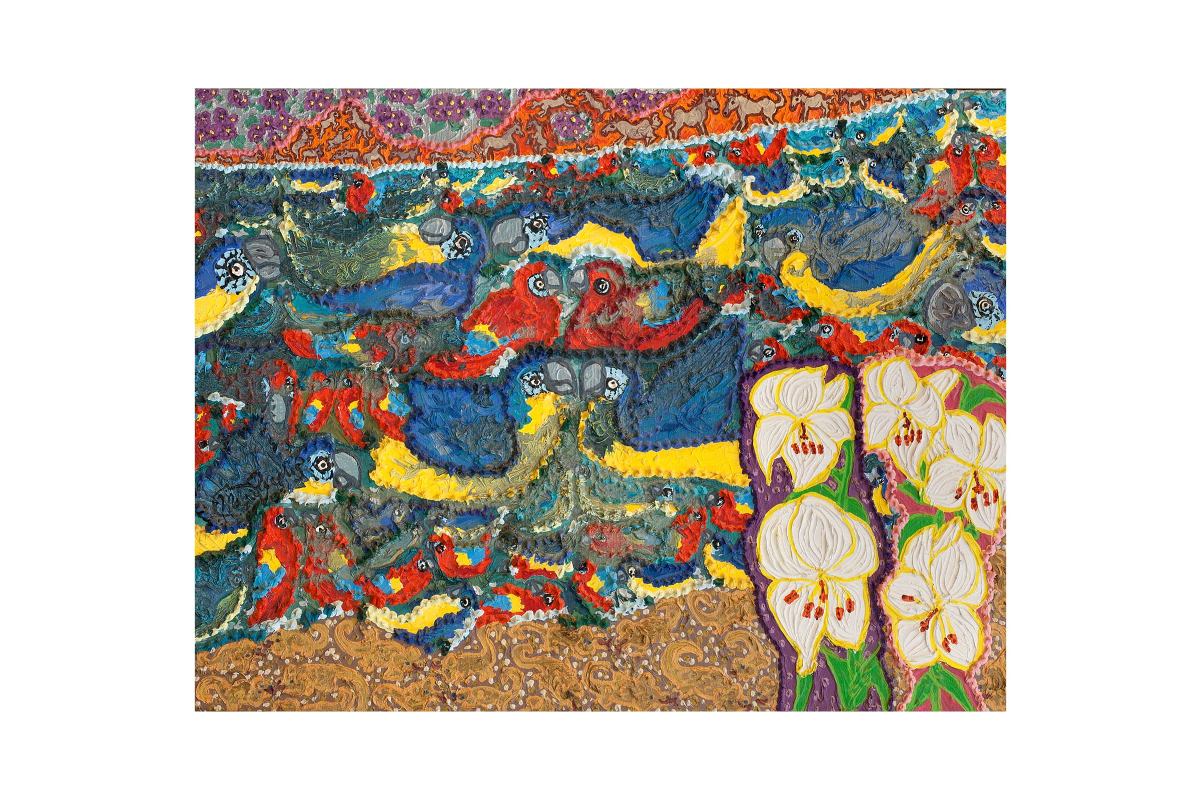 Heavily textured painting filled with vibrant blue and yellow waves, featuring numerous red parrots, white orchids in the lower right corner, and horses running across the top.