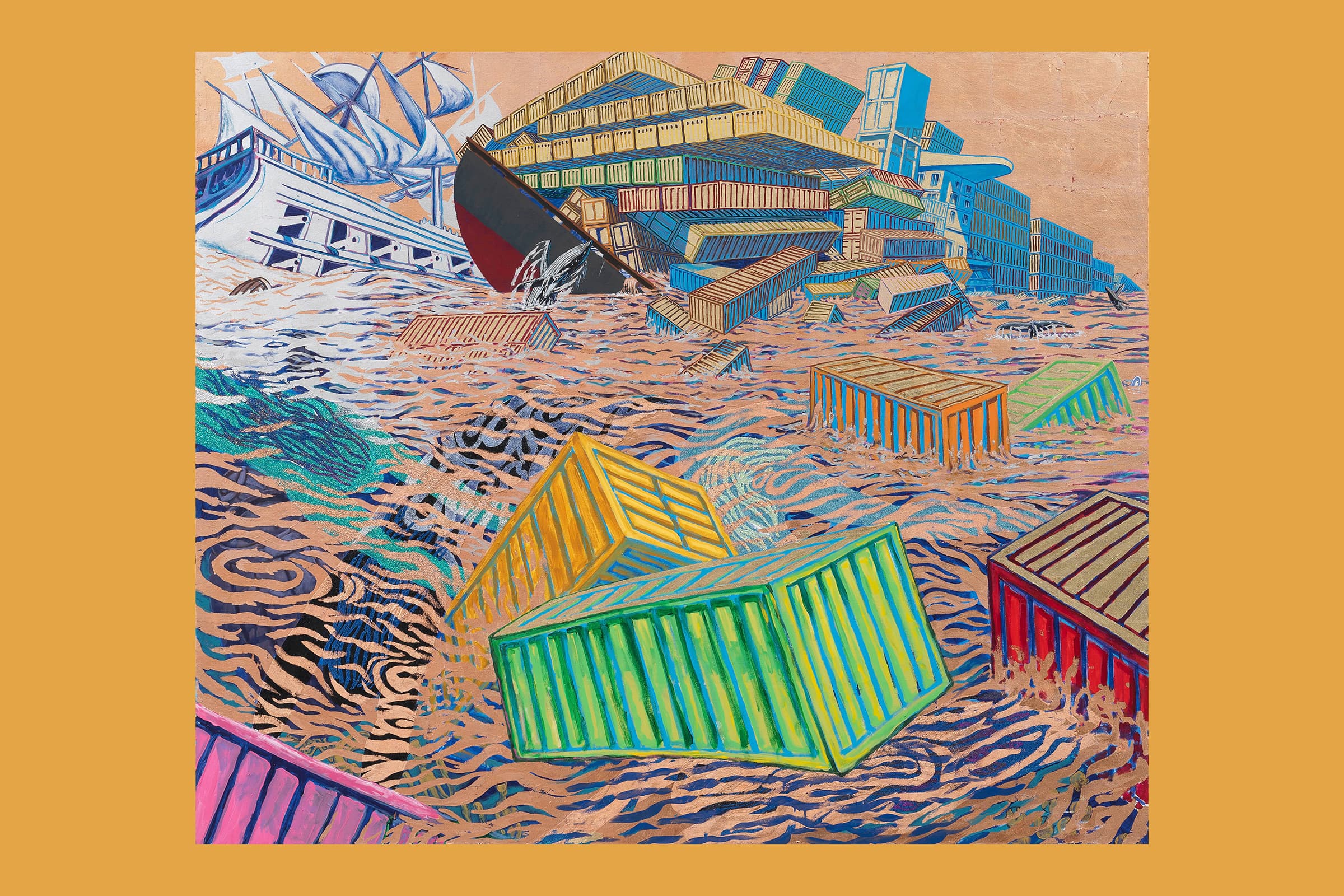 A colorful painting rendered on a shimmering bronze background depicts a chaotic maritime disaster scene. In the background, a large, dark container ship tilts heavily to one side, its massive stack of multicolored shipping containers sliding and collapsing into a turbulent, wavy copper-toned sea. To its left, a vintage white sailing ship with large sails appears caught in the same rough waters. In the foreground and middle ground, several shipping containers in bright hues of green, yellow, orange, and red float or sink among the stylized waves, with swirling patterns creating a sense of rapid movement across the water.