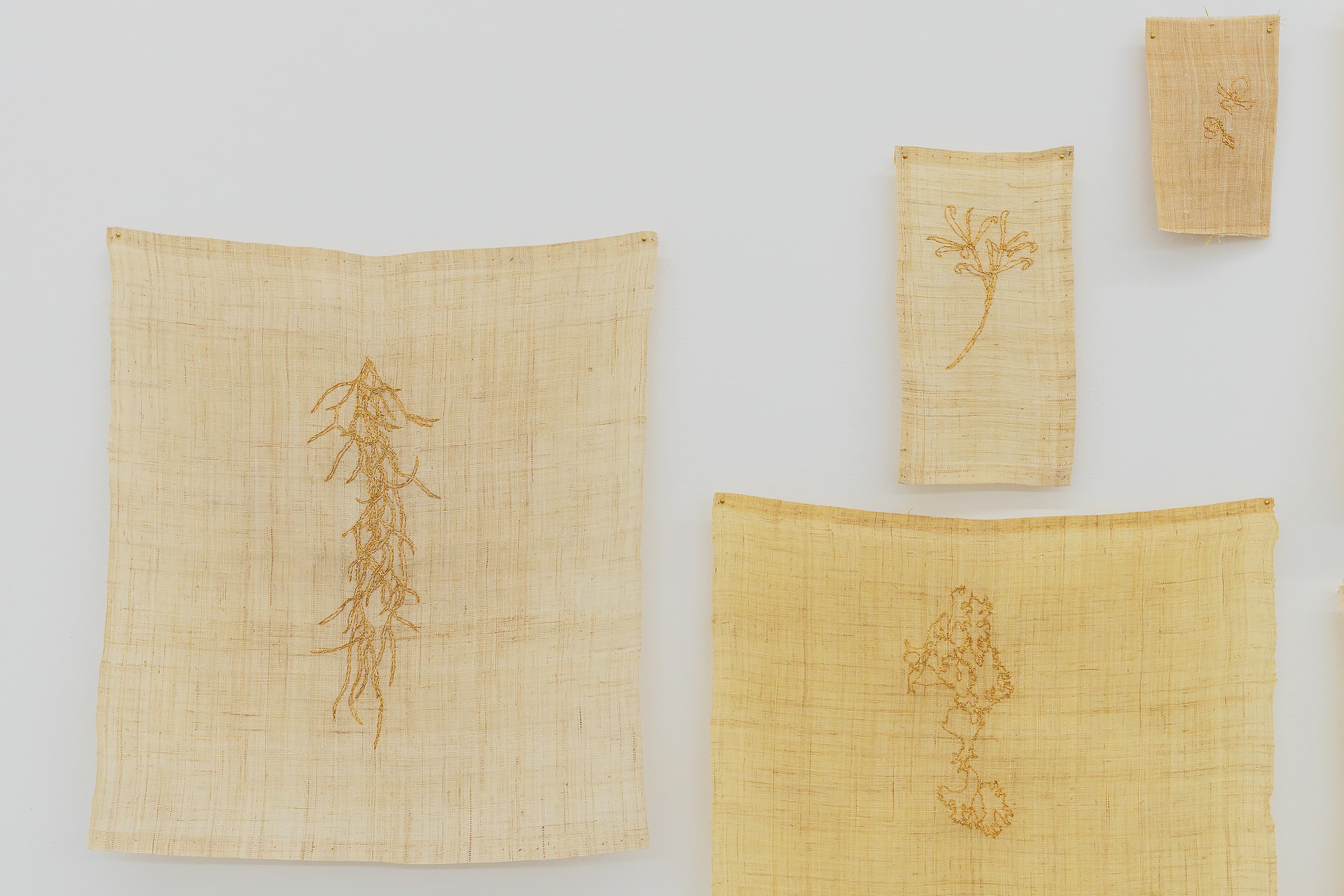 Wall installation featuring multiple square and rectangular woven textile panels pinned to a plain white wall. The panels are arranged in a staggered composition. Each piece features delicate embroideries of botanical forms, including roots, stems, and dried plants, rendered in monochromatic earth-toned threads.
