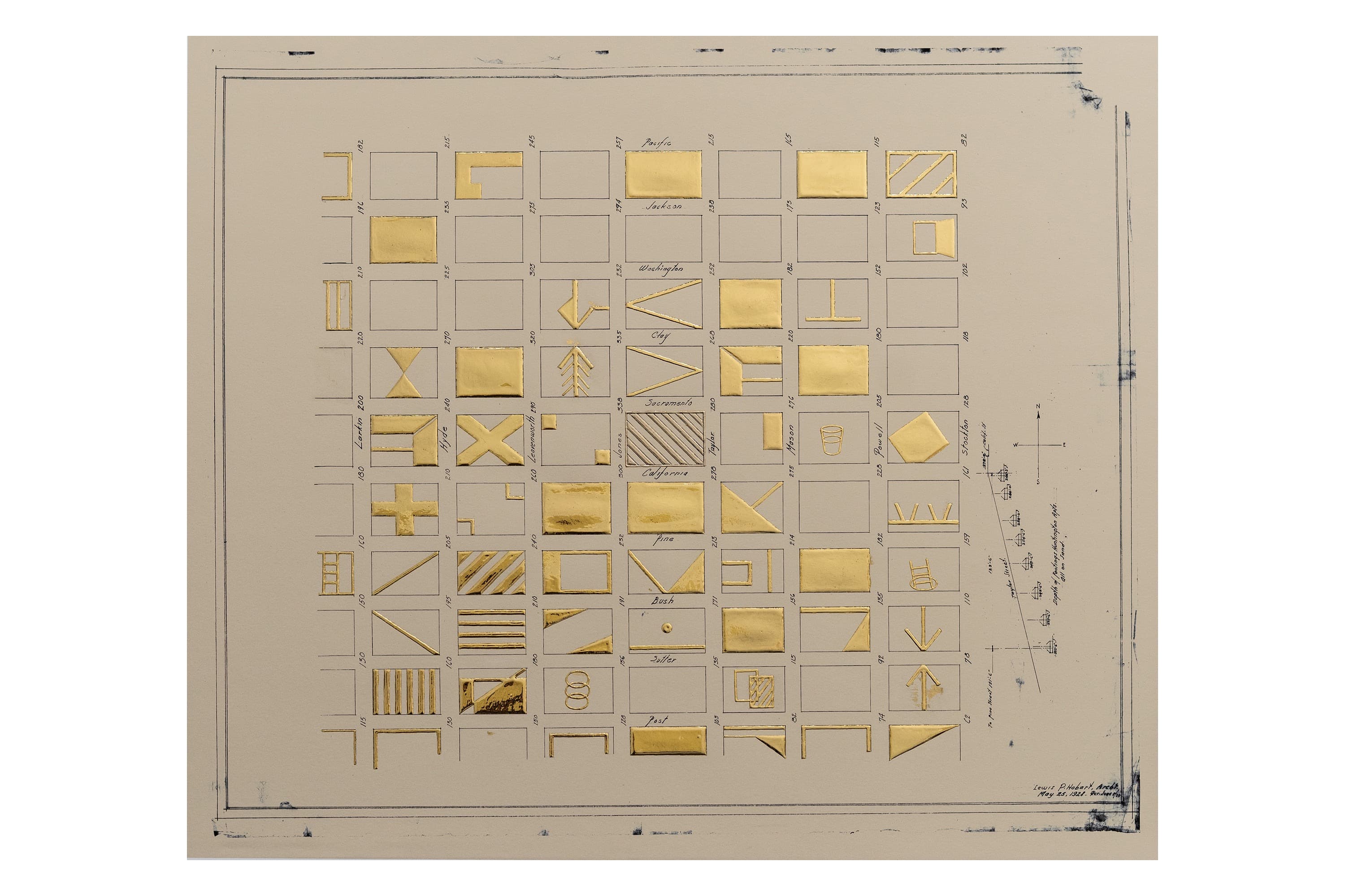 Antique hand-drawn map of Nob Hill with Grace Cathedral at center. Many squares of the grid contain luminous gold symbols.