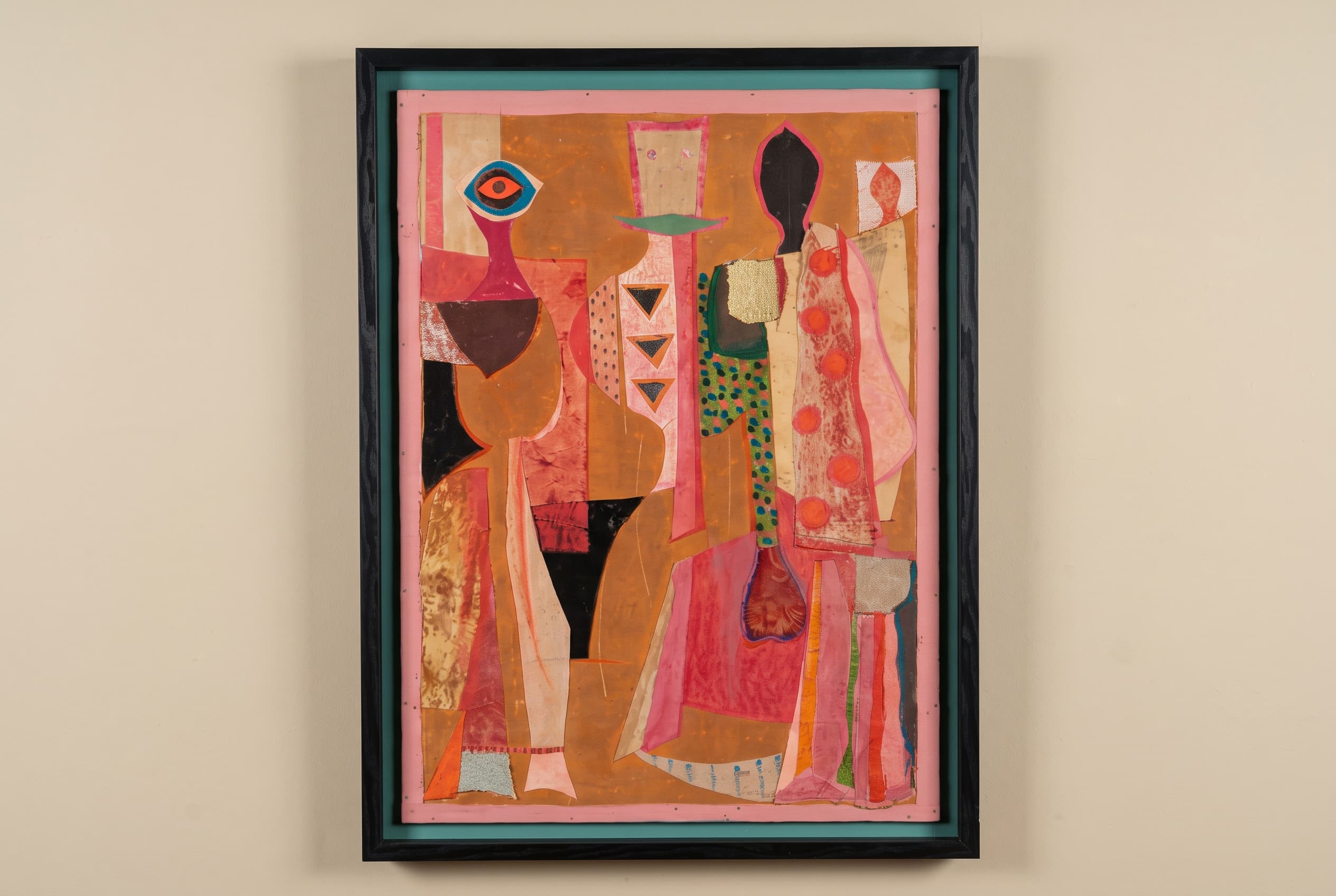 Highly stylized, cubist-influenced figures set against a textured, ochre-brown background. On the left, a tall figure has a wide, single eye shape on its head and angular geometric body parts composed of pink, magenta, and white fabrics. In the center and right, other elongated figures blend into architectural and textile-patterned shapes, incorporating gold foil accents, black triangles, green patterned dots, and bold orange circles down a cream-colored garment.