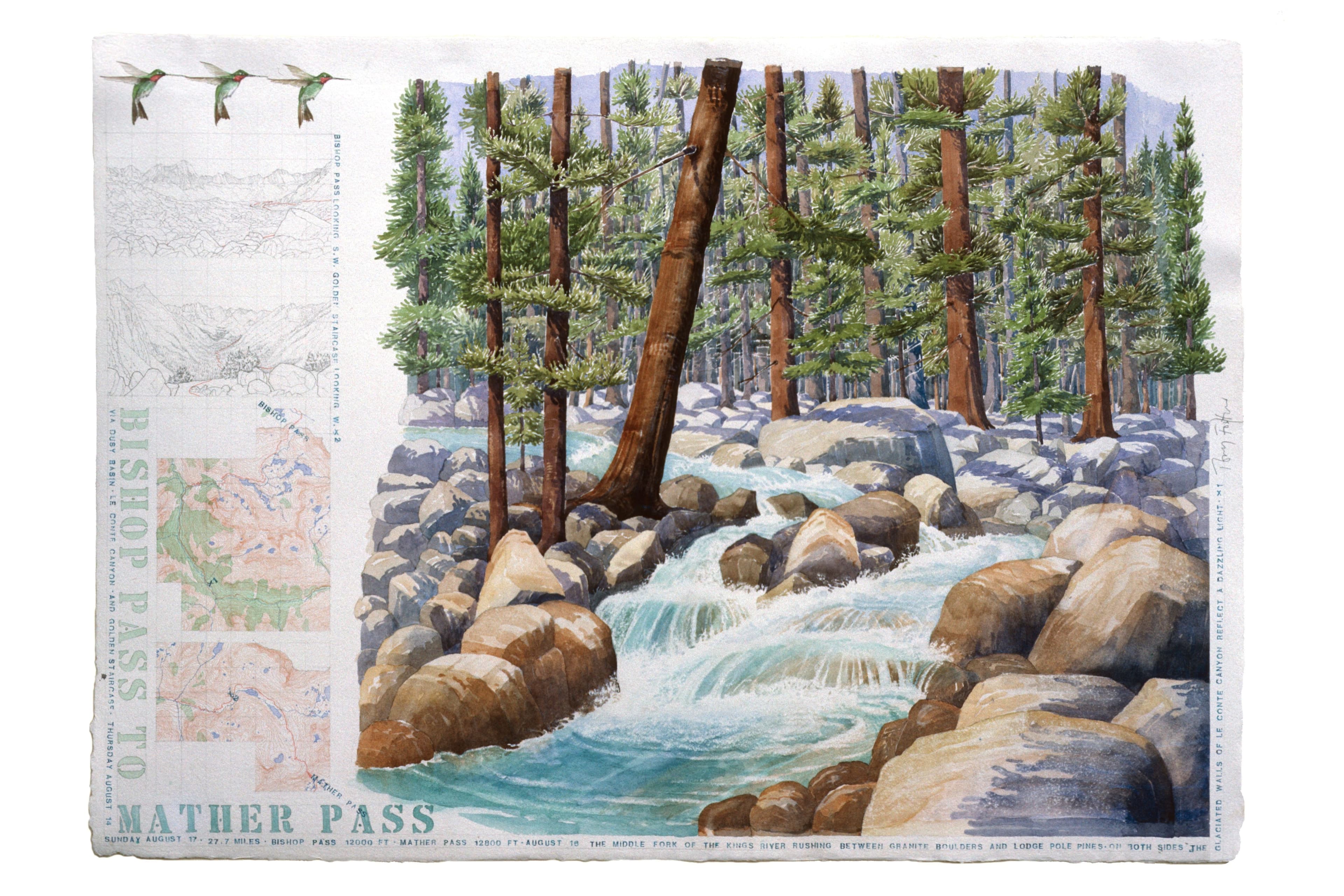 Decorative color watercolor of boulder-strewn stream and forest, with three hummingbird studies, hand-drawn topo maps, sketch of Bishop Pass, sketch of the Golden Staircase stone switchbacks, stenciled lettering of the title.