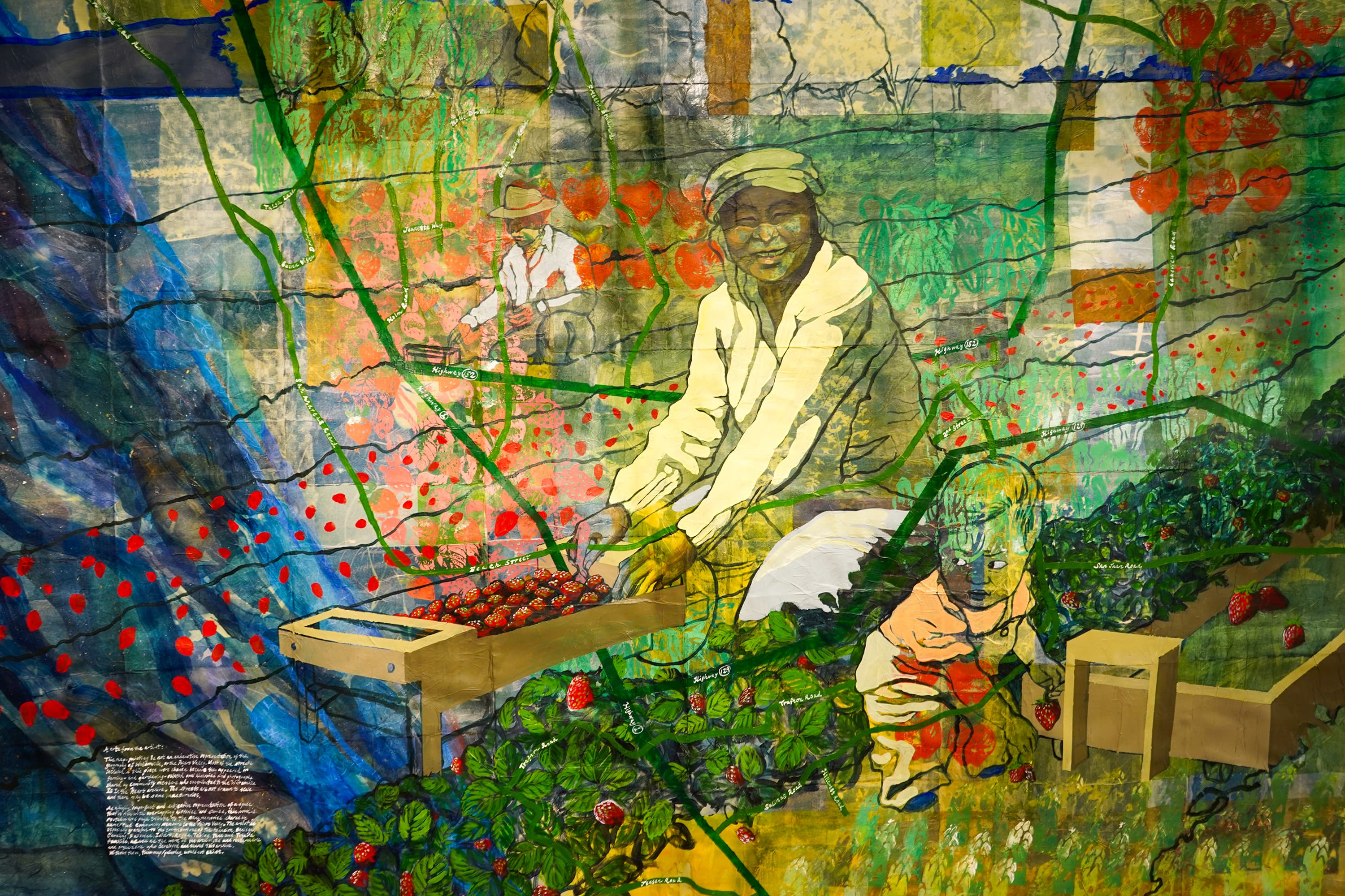 A grid of textured bamboo and cotton paper panels featuring cyanotype base. The artwork presents an experimental map of an agricultural landscape featuring portraits of farmworkers and linoleum relief prints of produce.