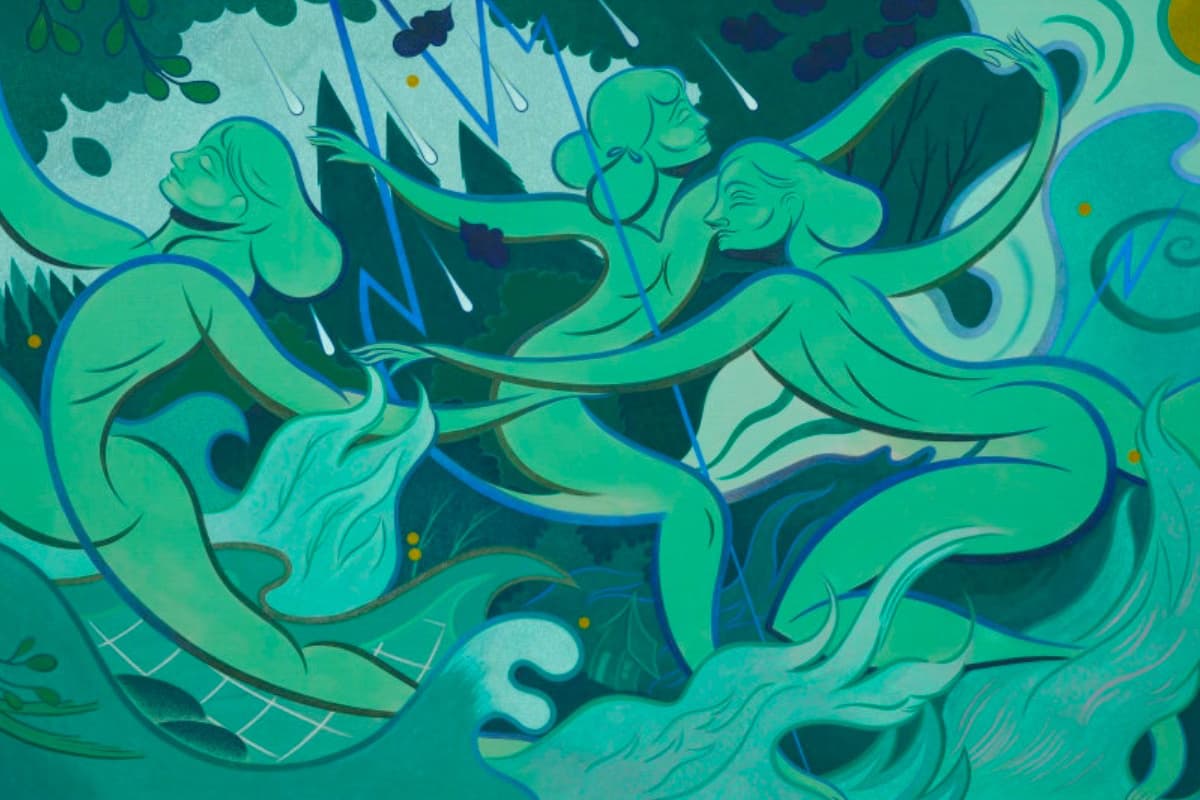 Three fluid, stylized green figures dancing in a swirling, monochromatic green-and-blue landscape during a rain.