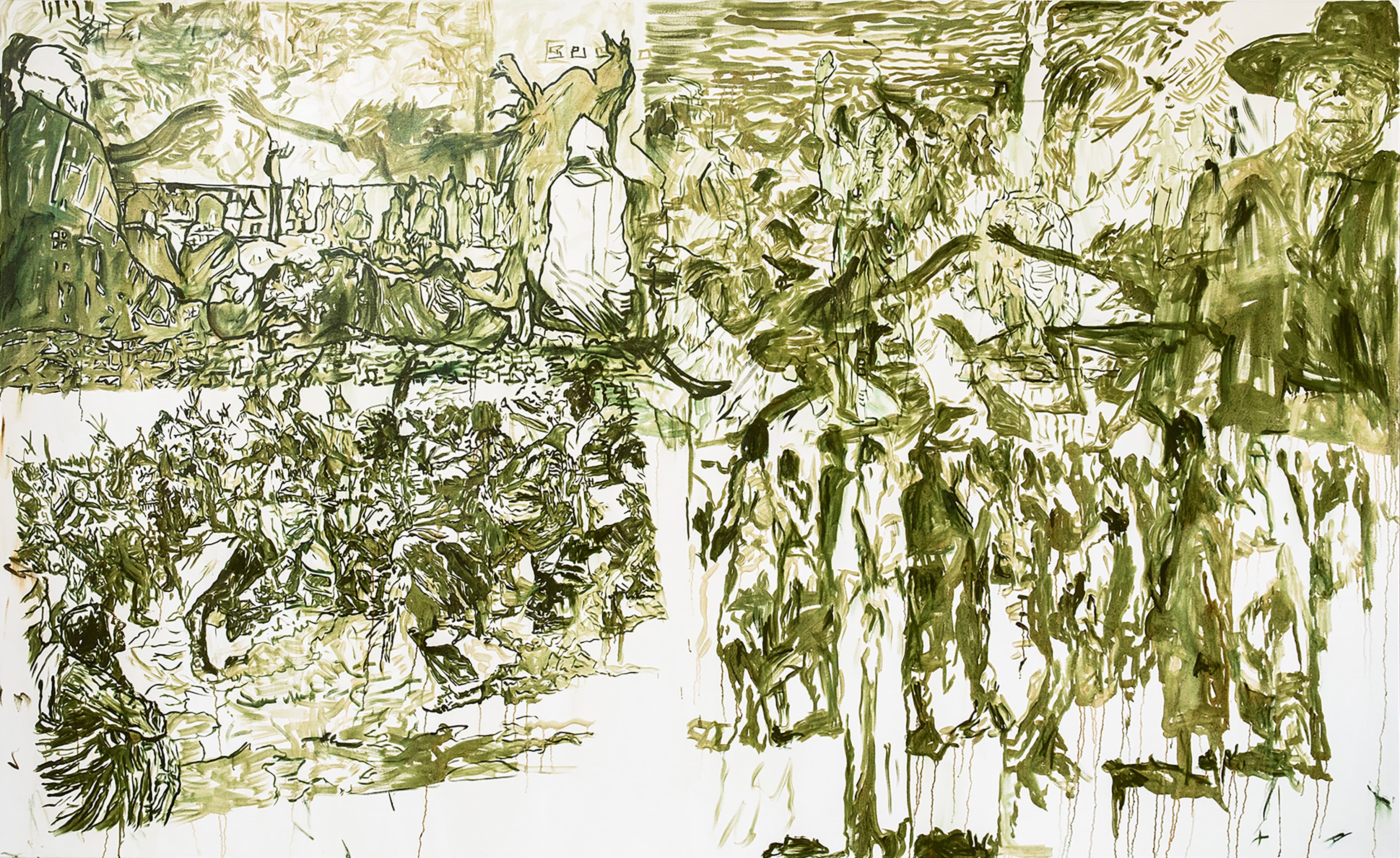 A monochrome painting rendered in olive green brushstrokes on a stark white background. The composition is highly chaotic and densely packed with sketchy, fluidly drawn human figures grouped in various scenes. On the right, a prominent figure wearing a wide-brimmed hat stands over a crowd of silhouetted individuals, while the left side features tightly clustered figures moving together.