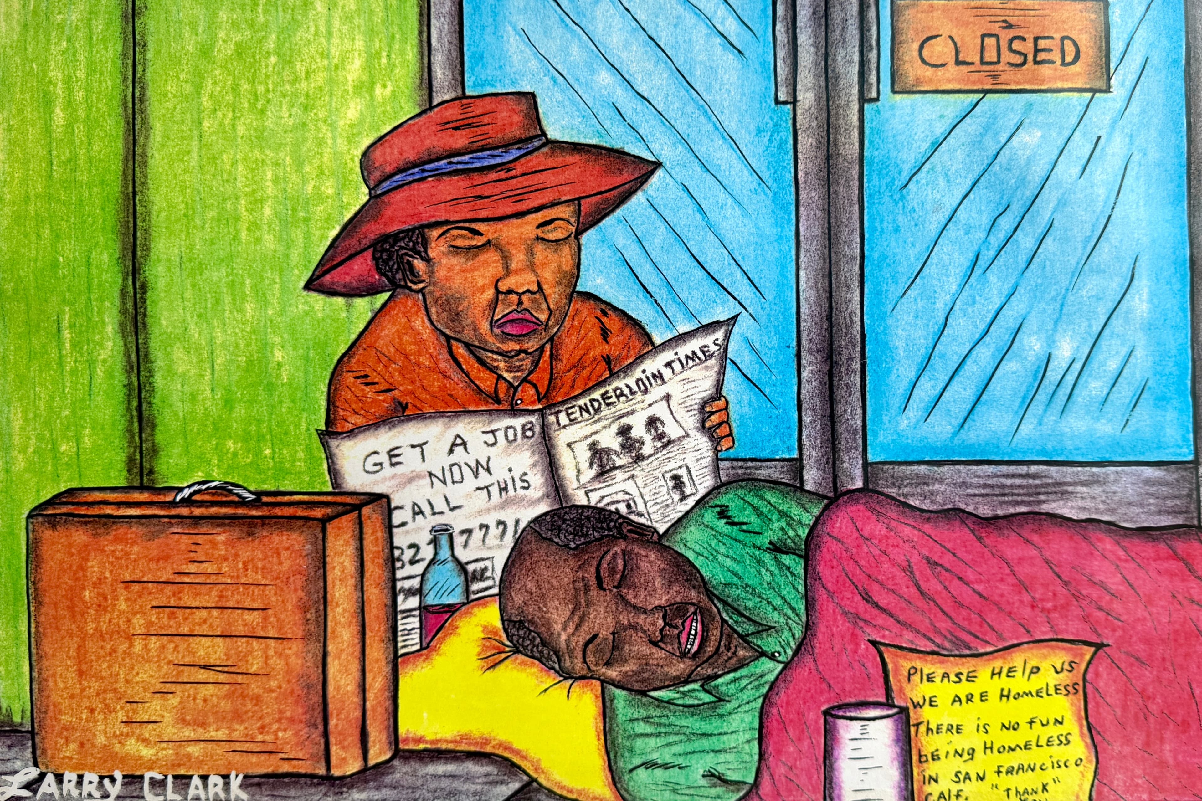 A brightly painted scene of two Black men camped out in front of a bright blue glass door. One is resting in a pink sleeping bag with a "please help, we are homeless" note next to a brown suitcase and bottle, the other man is reading the historic local community newspaper "Tenderloin Times".