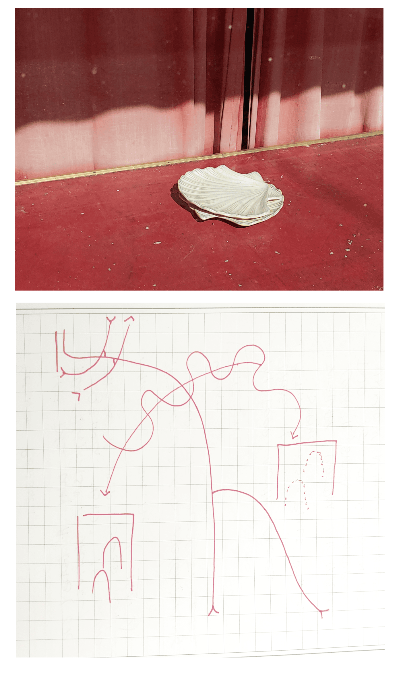 Two stacked images:
Top: A white nested scalloped, shell-shaped ceramic dishes resting on a red-painted floor. Behind it hangs a floor-length red curtain with a thin brass strip running along the base of the wall.
Bottom: A loose hand-drawn sketch in red ink on graph paper. It shows flowing, looping curved lines that cross and branch, with small arrows pointing outward. At the lower left and right are two rectangular box shapes, each containing an arch-like form (the right one drawn as a dashed outline).