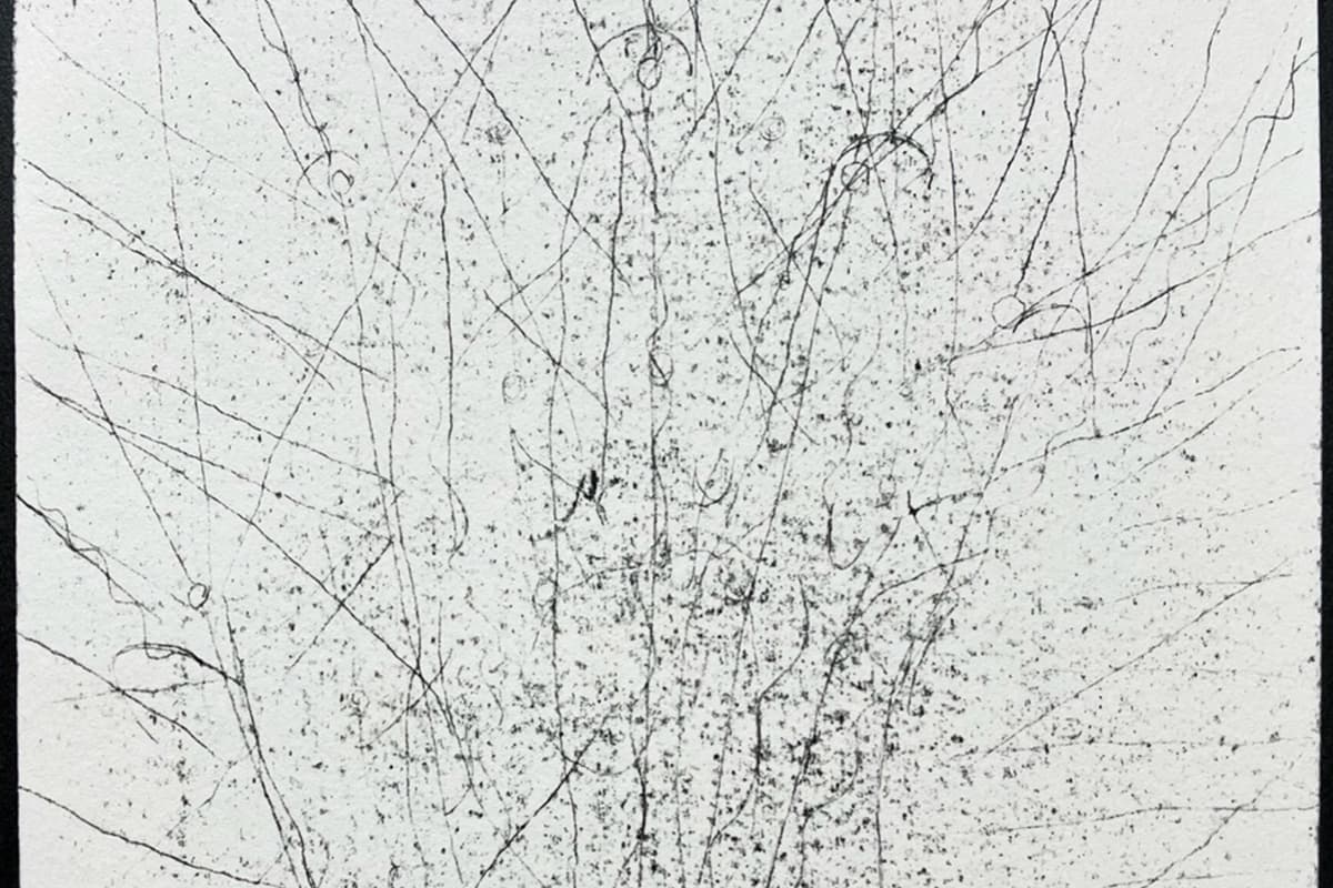 Black-and-white image resembling a worn photographic or printed surface, densely covered with fine, tangled lines, looping marks, and scattered speckles within a dark rectangular border.