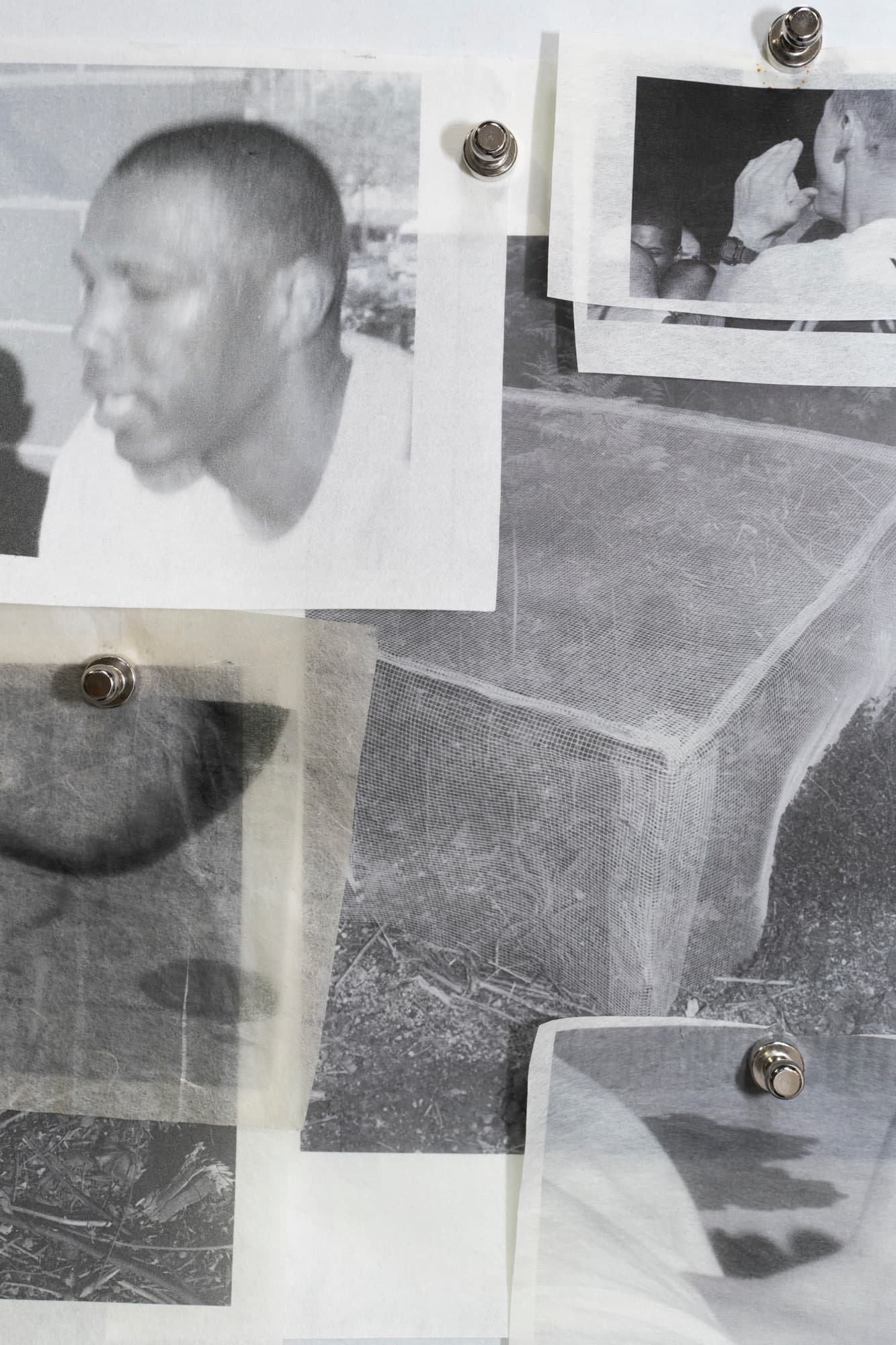 Black-and-white photographic collage of overlapping printed images pinned to a wall, including a blurred portrait, a figure, a mesh-covered structure, and outdoor textures.