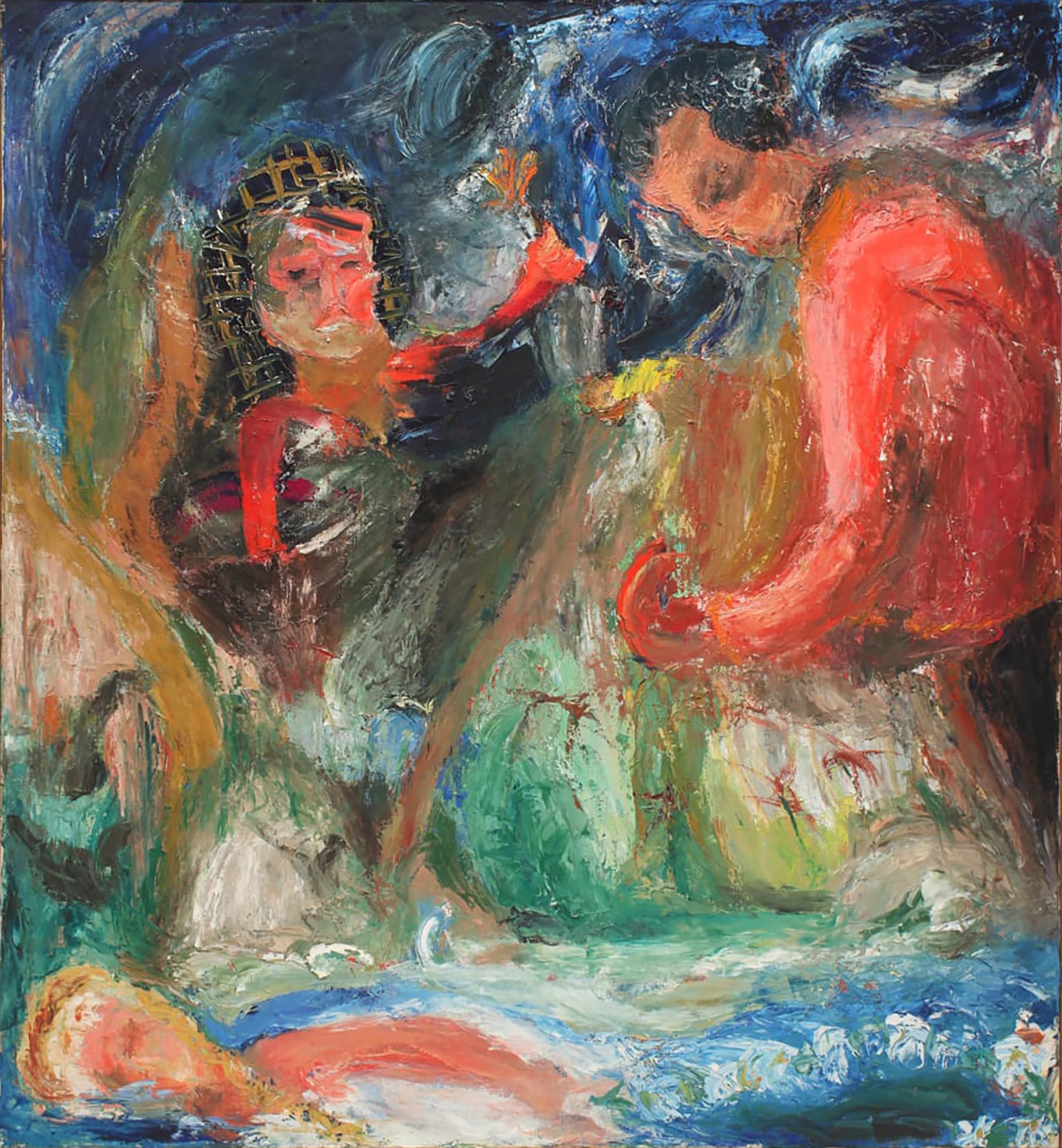 Two characters, fractured by fleshy red, black, and brown paint, look down and upon the body of Ophelia, floating across the bottom of the canvas in a gentle blue cascade.
