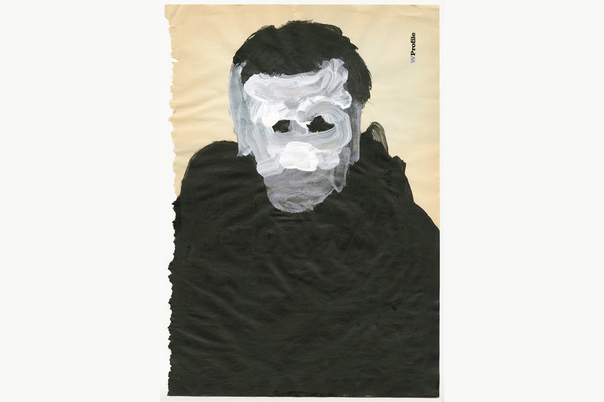 Abstracted silhouette painting of a person. Their body is painted solid black and takes up two-thirds of the page. The face is filled in with broad strokes of white and shimmering silver paint, loosely framing the features of a nose, jaw, forehead, and browbones. Below the paint of the browbones are solid black circles as eyes. The figure has short, black hair.