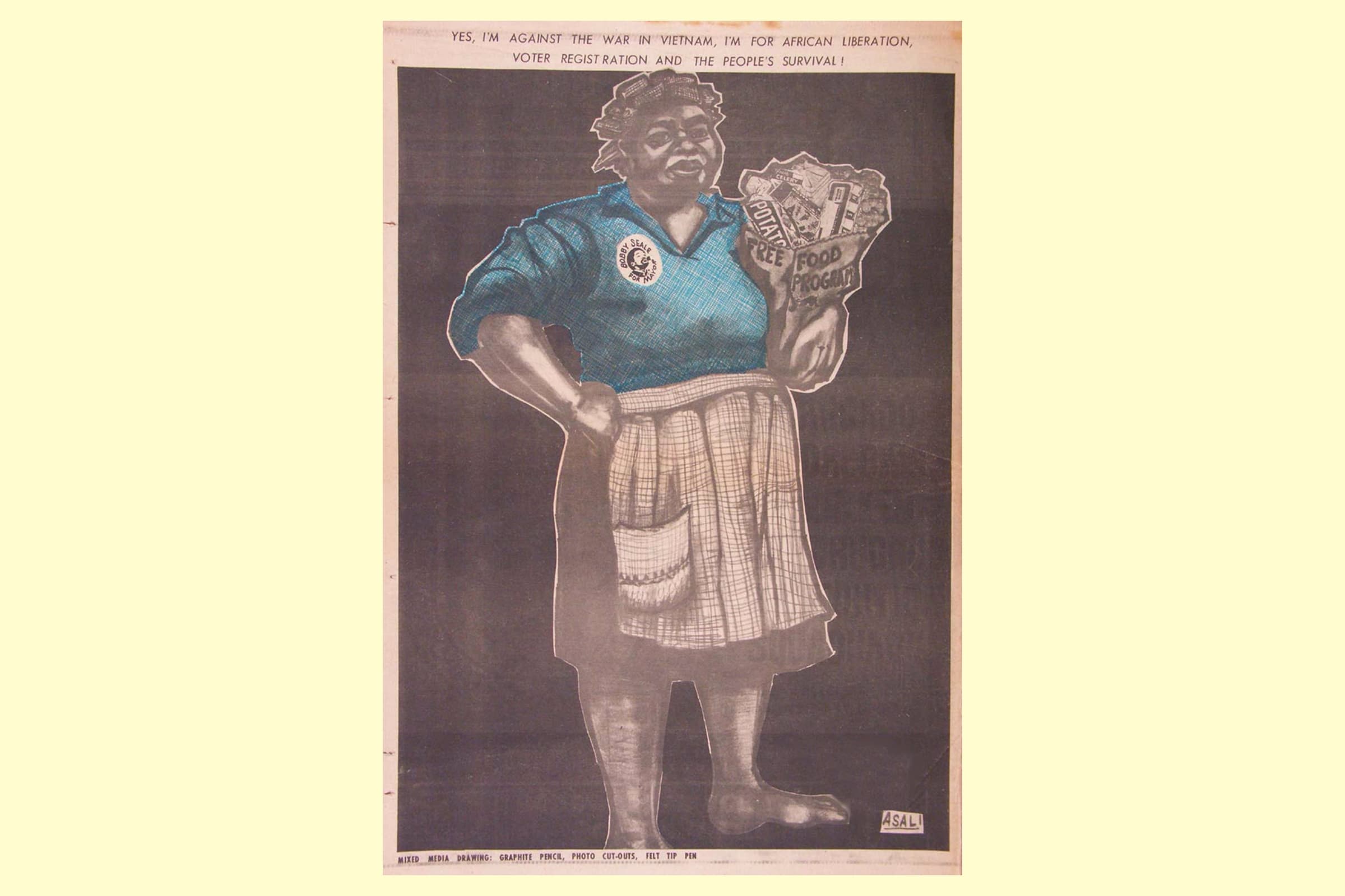 Graphic signed by Asali against a black background, featuring a close-up line illustration of a Black elder woman with hair rollers holding a grocery "Free Food Program" bags. Text at top reads: "Yes, I’m Against the War in Vietnam, I’m for African Liberation, Voter Registration, and the People’s Survival!"
