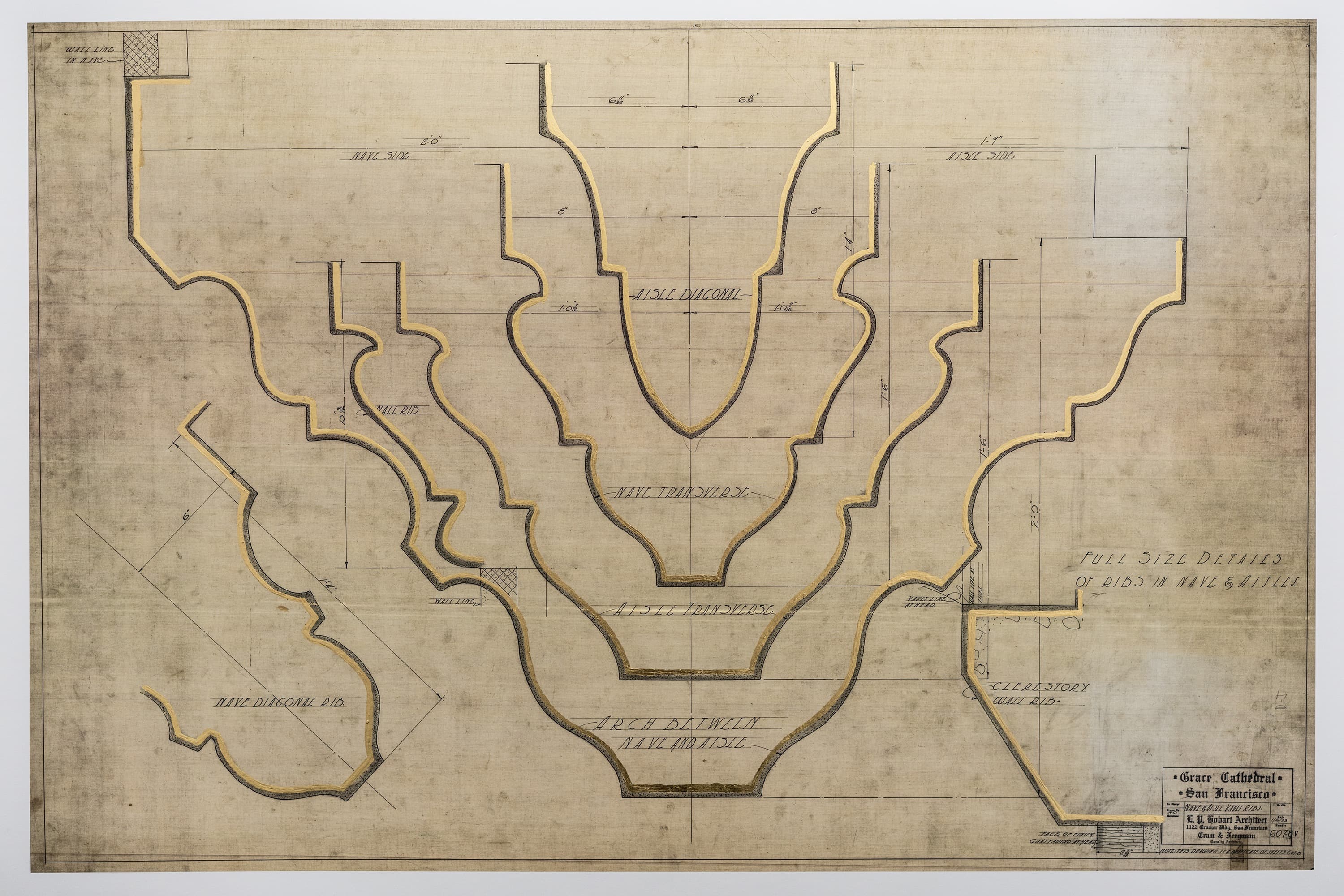 Ribs + Nave: Antique architectural diagram of cathedral nave; progressively larger Gothic arcs overlaid in gold leaf conjure ribs.