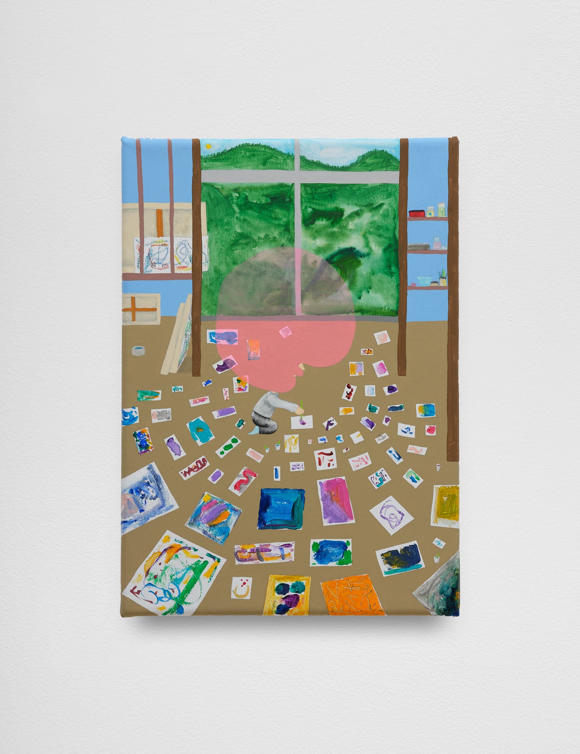 Acrylic on canvas painting of a room with small sketches and paintings spread out on the floor. A mullioned window shows a view of green mountains outside, with blue walls with shelves on either side of the window. A small figure is crouched among the paintings and in place of a head is a large translucent pink swirl of color.