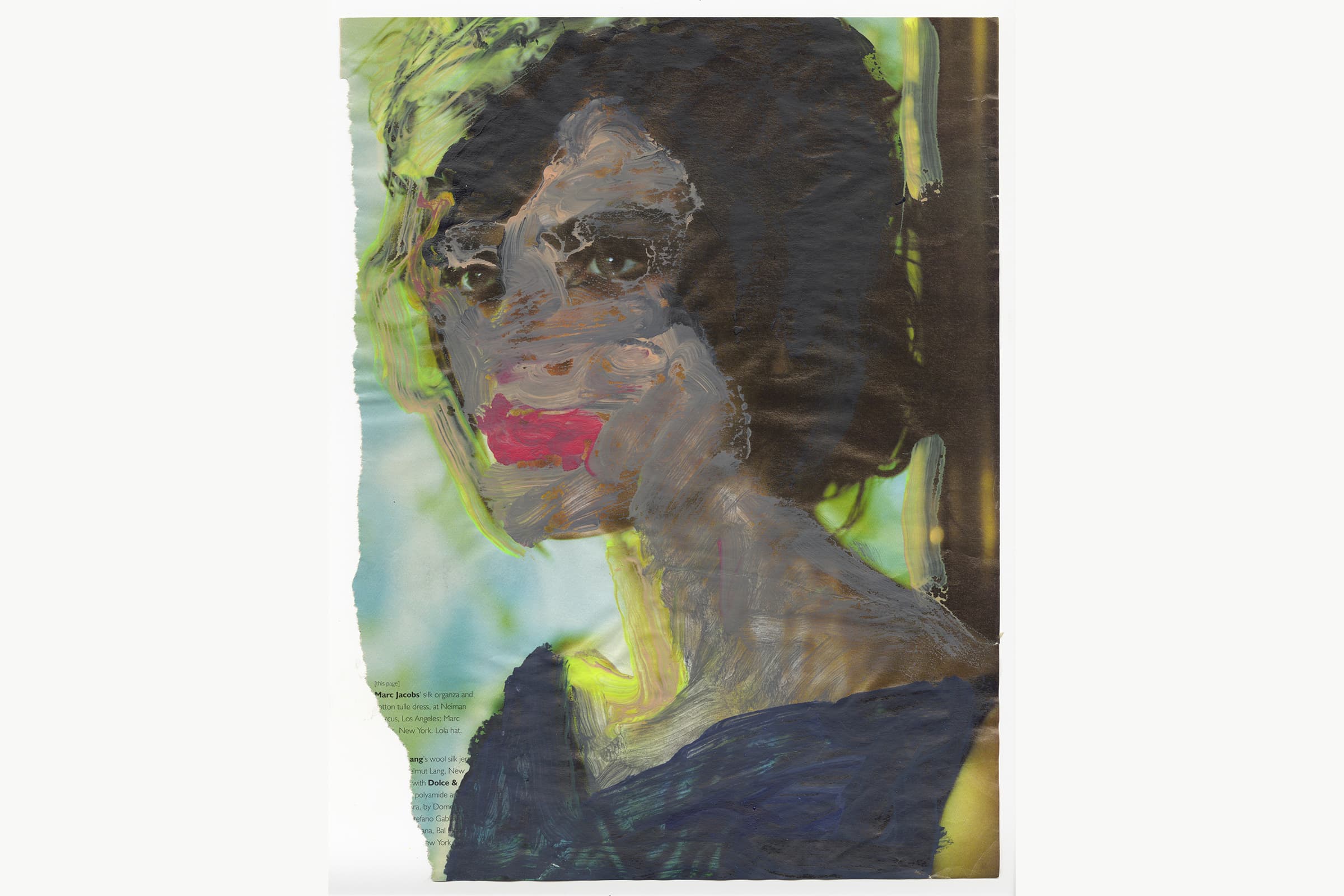 An abstracted portrait painting of a woman atop a magazine page. The woman has brown hair, curly hair slightly longer than her jawline, brown eyes, and strong eyebrows. Over the face of the photo are loose strokes of grey and peach paint, creating a veil over the photo. Her lips are outlined in solid magenta paint, and a V-neck top is painted on in blue.