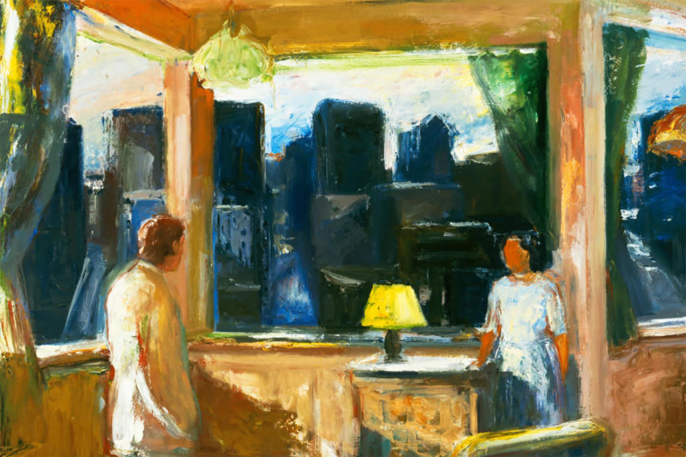 A loosely brushed oil painting of a warm, golden interior with two figures standing by large windows on opposite sides of the room. One of them looks out through a window, a dark blue city skyline is visible. A lamp with a glowing yellow shade sits on a table closest to the far right corner.