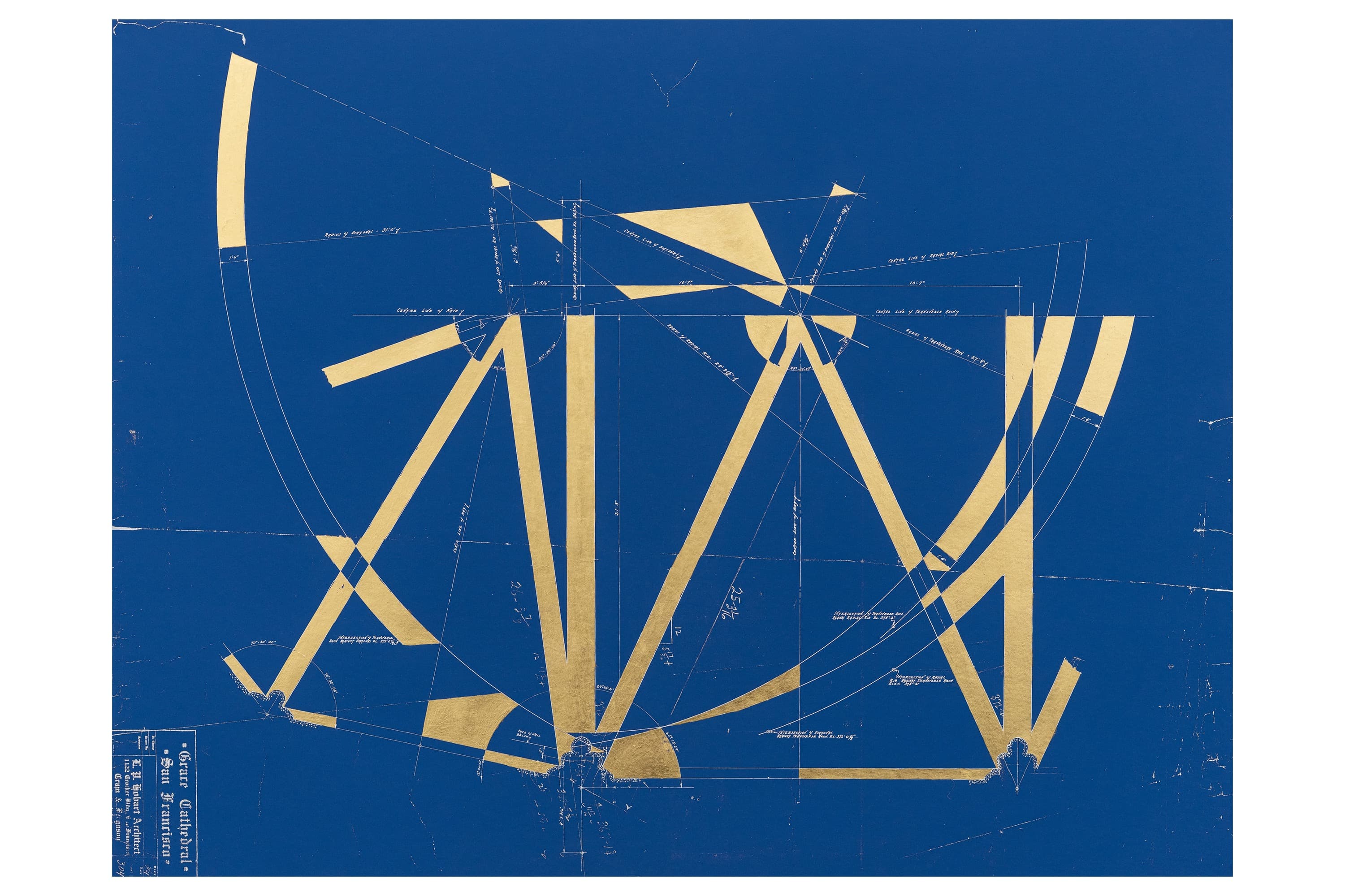 Spatial Rhythm I: Deep cyanotype blueprint of Cathedral with abstract patterning in lush gold; arcs and line fragments suggest a wheel.