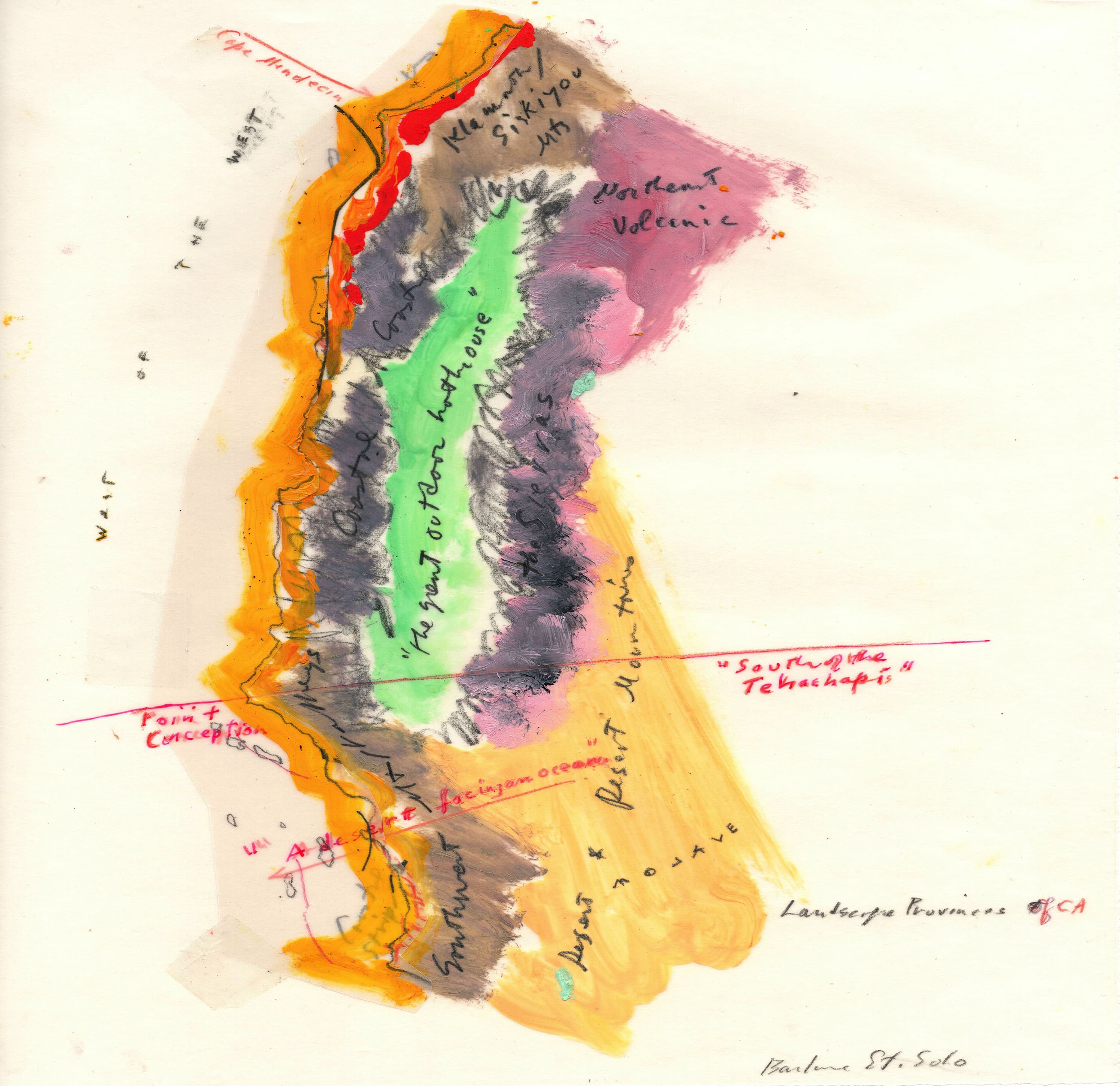 Artwork depicting a hand-painted map of the state of California with handwritten labels such as "the great outdoor hothouse", "the Sierras", and "West of the West."