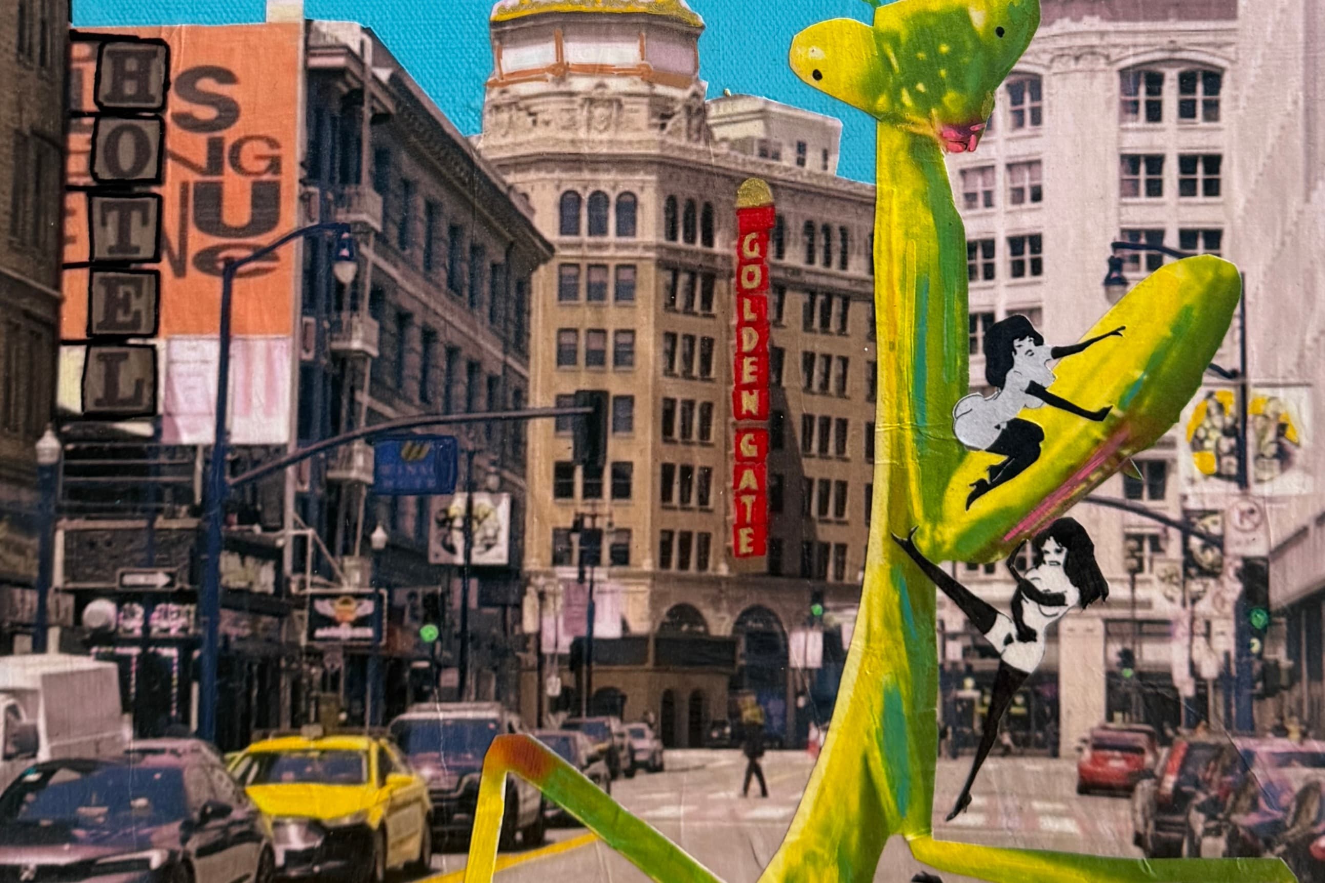 A photorealistic street scene looking North on 6th St. towards Market Street (and the Golden Gate Theater's iconic 6-story blade sign) is made surreal by a praying mantis as tall as the sign crossing the street and two hand drawn nude figures in thigh high boots climbing and dancing the mantis' arms and legs.
