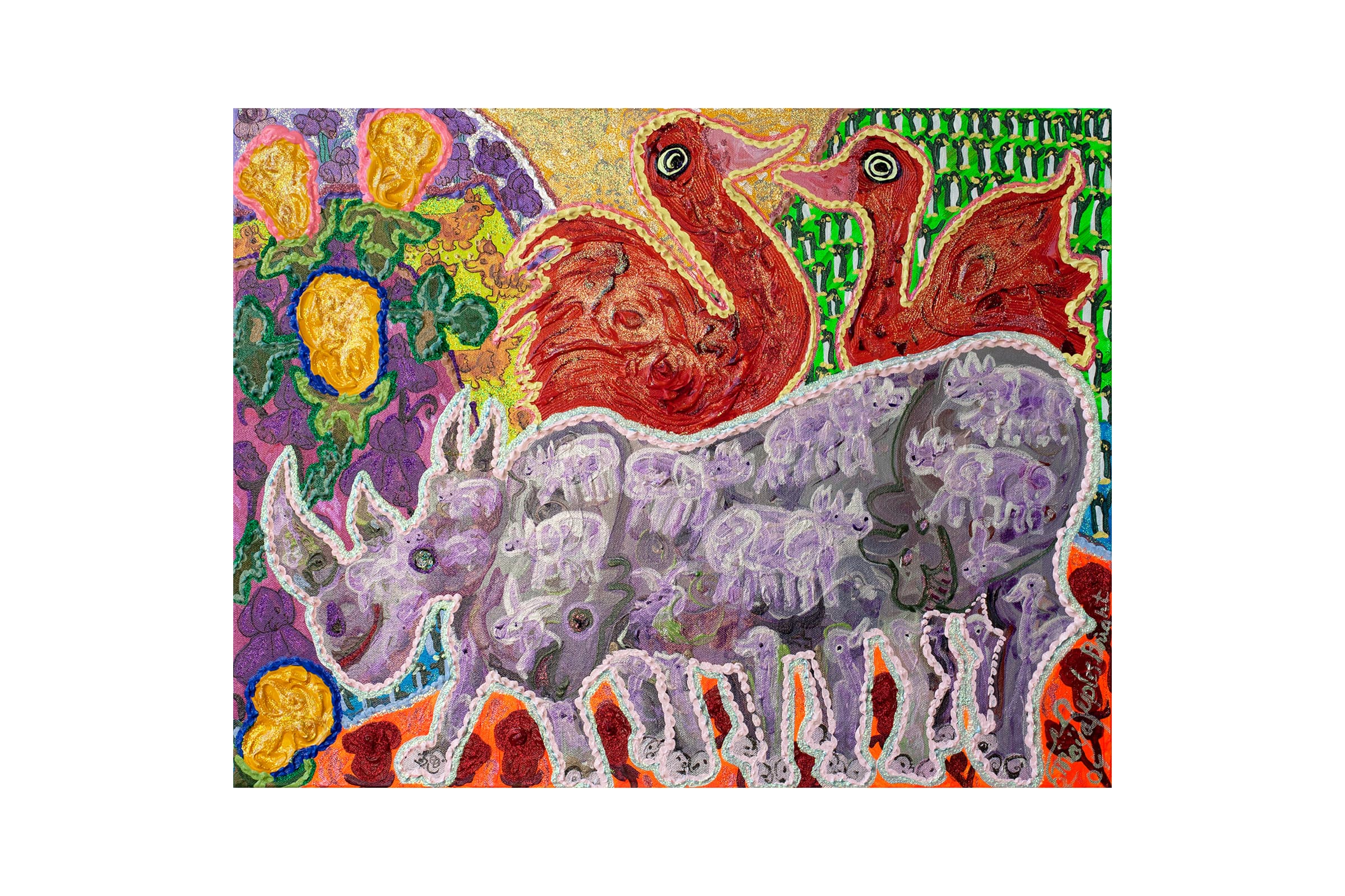 A vibrant, highly textured mixed-media painting features a central purple smiling rhinoceros outlined in pink, its body filled with smaller, repeating patterns of smaller rhinoceros. On the right behind the rhinoceros, two large, heavily textured red birds with prominent circular green-and-black eyes face each other against a shimmering gold and green background filled with tiny repetitive patterns. On the left side of the composition, large yellow rose-like floral shapes are nestled within a deep purple textured field, while the bottom border features an orange ground dotted with small red forms.
